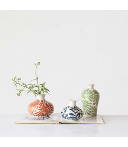Creative Co-Op Hand-Painted Stoneware Vase  with Abstract Designs- Blue
