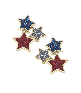 Canvas Style Triple Glitter Star Stud Earrings in Red, Silver, & Blue
