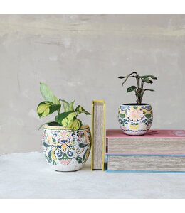 Creative Co-Op Terra-cotta Planter with Floral Pattern
