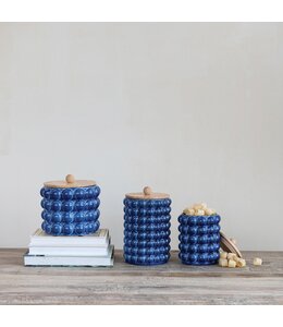 Creative Co-Op Medium Stoneware Canister with Raised Dots & Wood Lid