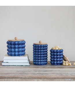 Creative Co-Op Small Stoneware Canister with Raised Dots & Wood Lid