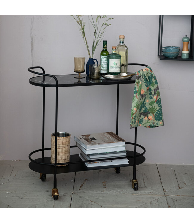 Bloomingville Metal & Marbled Veneer 2-Tier Bar Cart on Casters