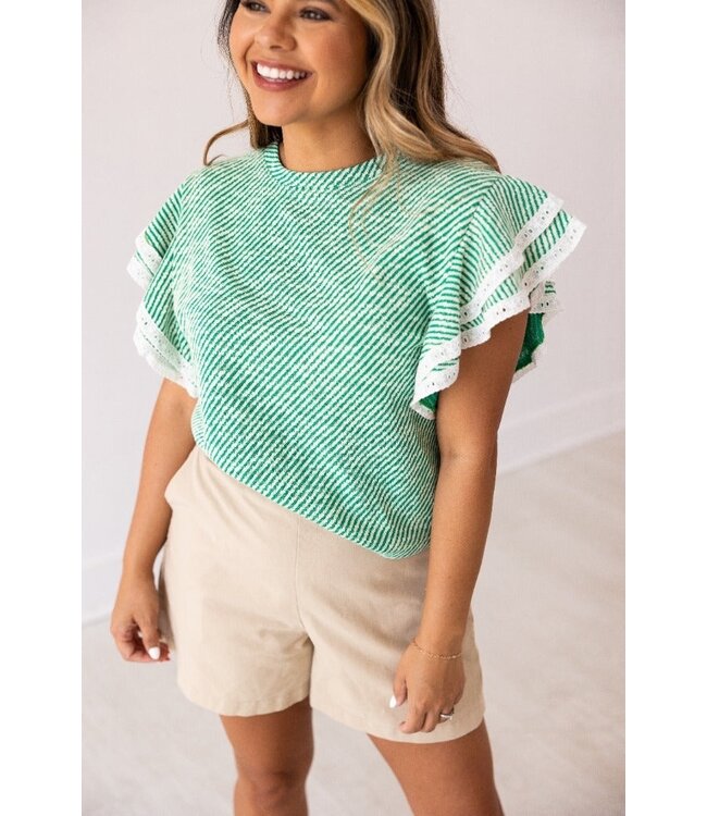 Grace + Emma Green Knit Top Lace Trim