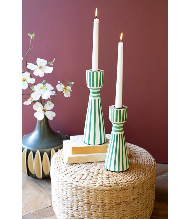 Kalalou Green Hand-Painted Wooden Taper Candle Holders Set of 2