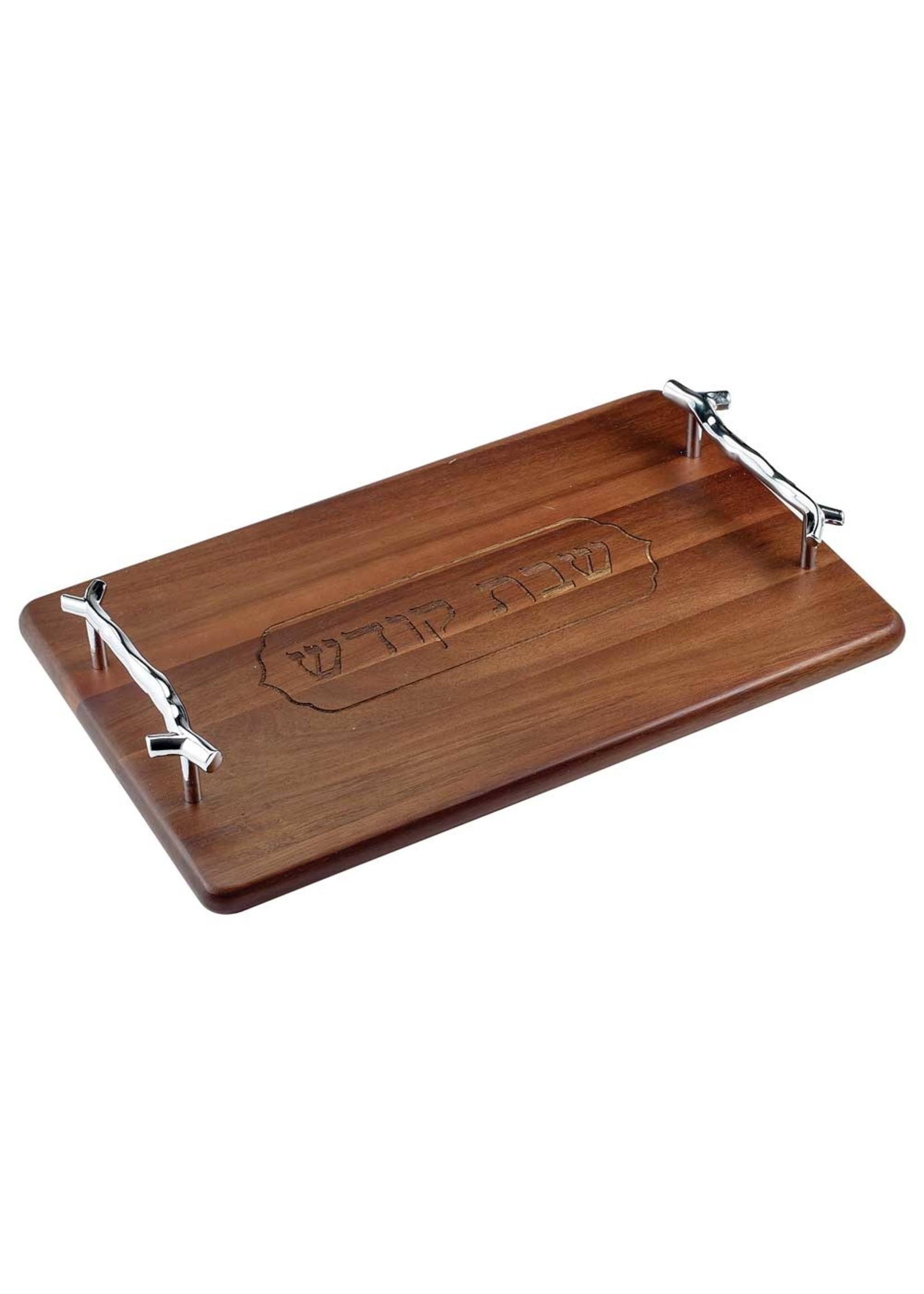 CHALLAH BOARD WOOD WITH CHROME HANDLES