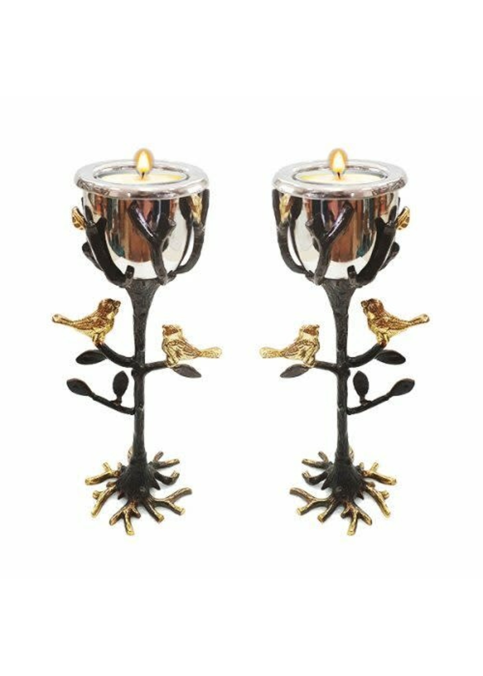 CANDLESTICKS BRASS TREE WITH BIRDS AND LEAVES