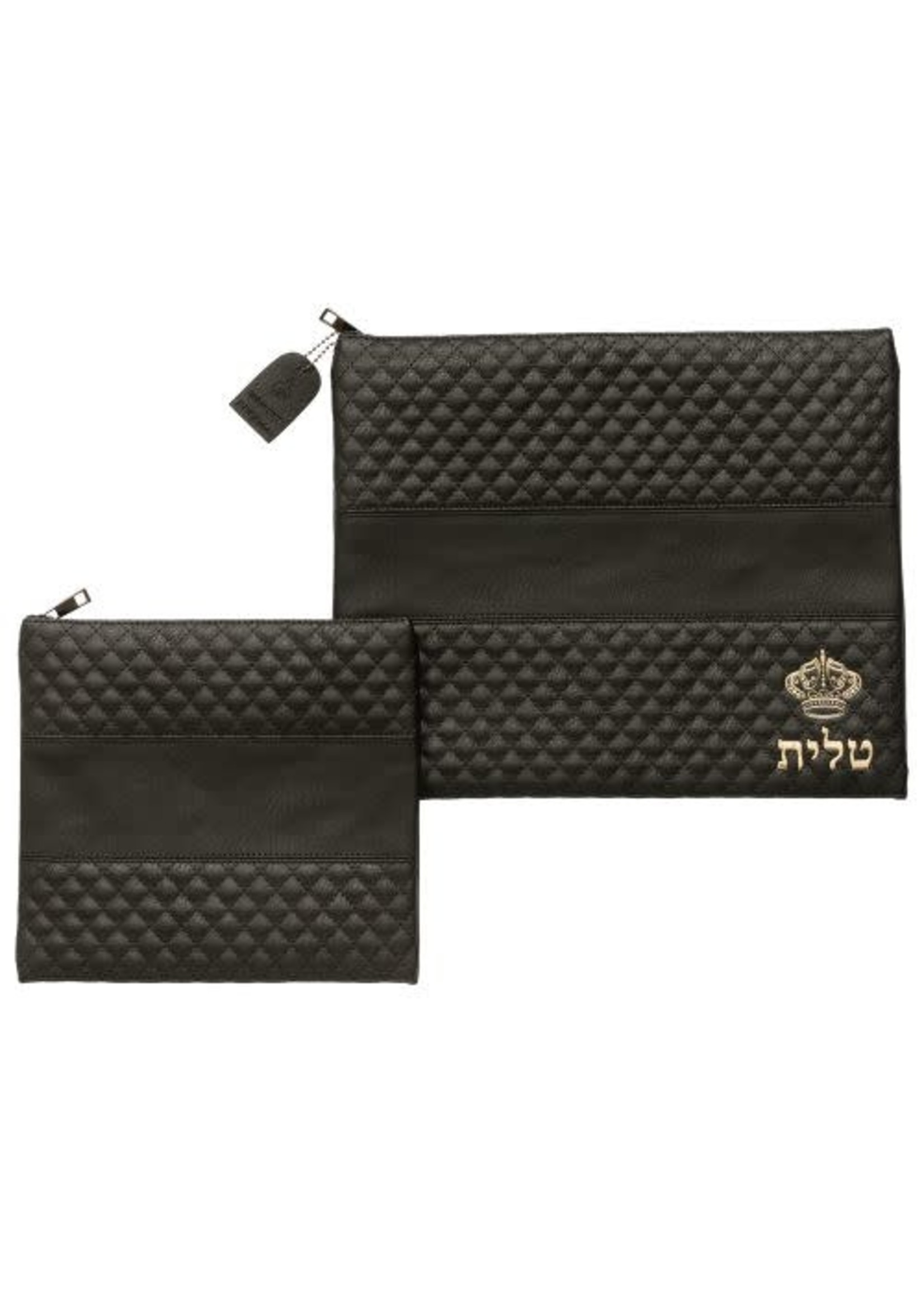 LEATHER LIKE TALIT AND TEFILIN BAG BLACK WITH GOLD CROWN