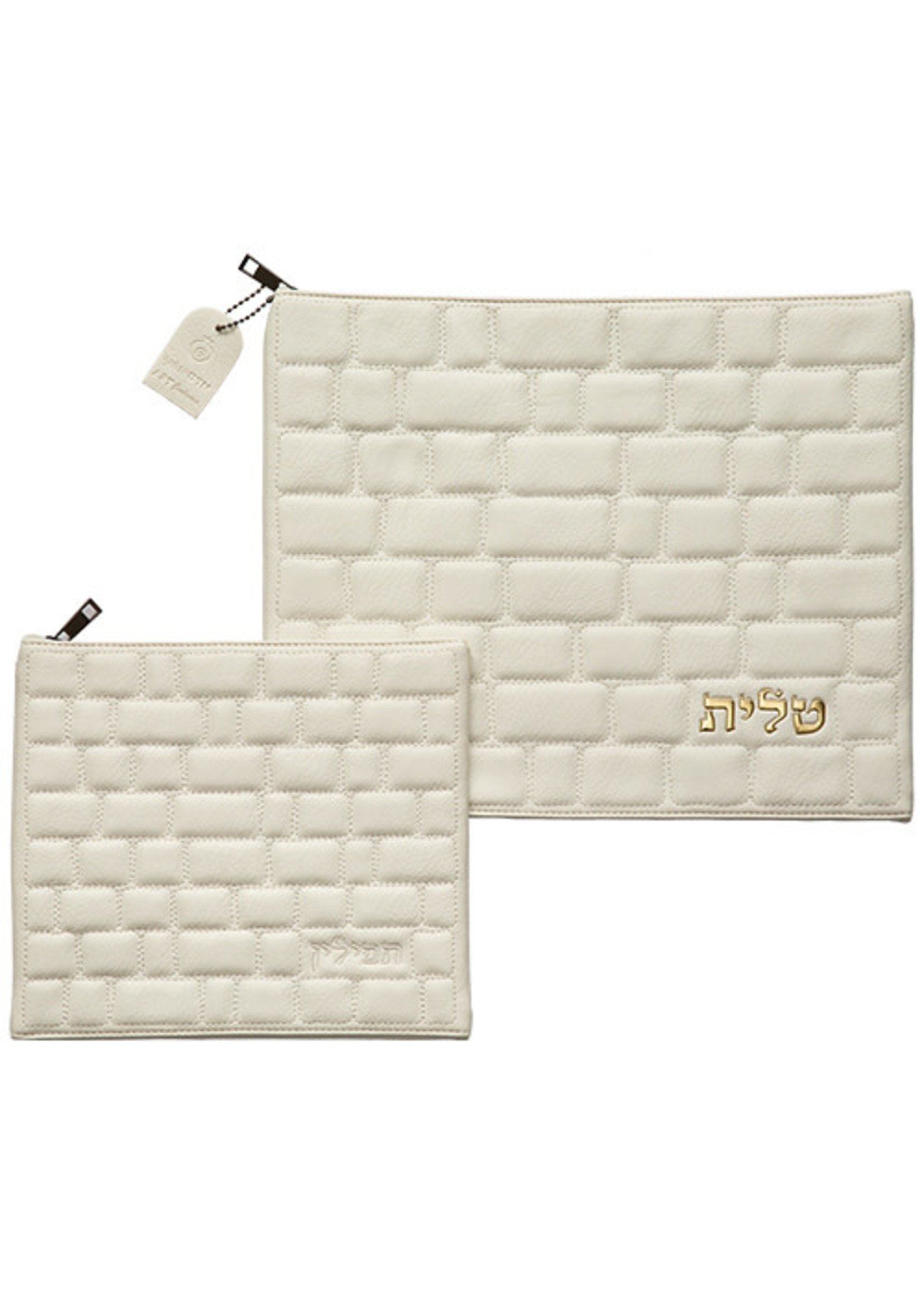 TALIT & TEFILLIN SET  WHITE STONE WALL FAUX LEATHER GOLD EMBOSSING