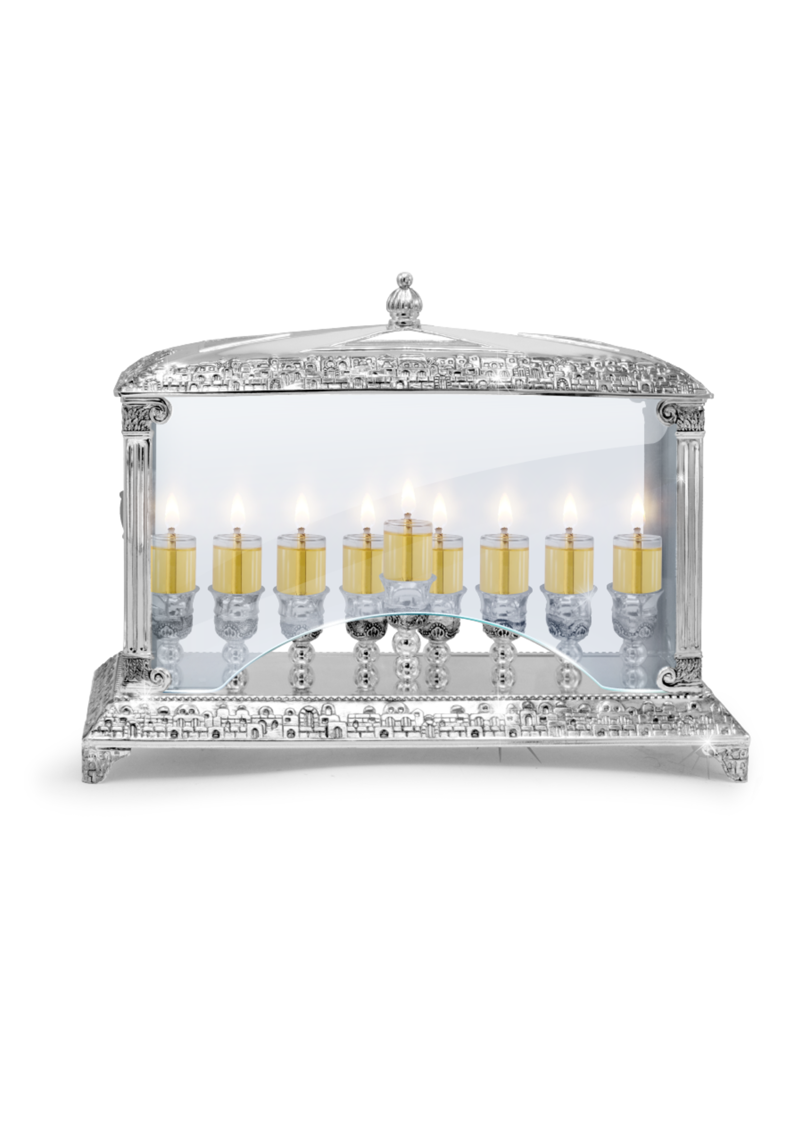 MENORAH IN GLASS BOX SILVER PLATE 14 X 10"