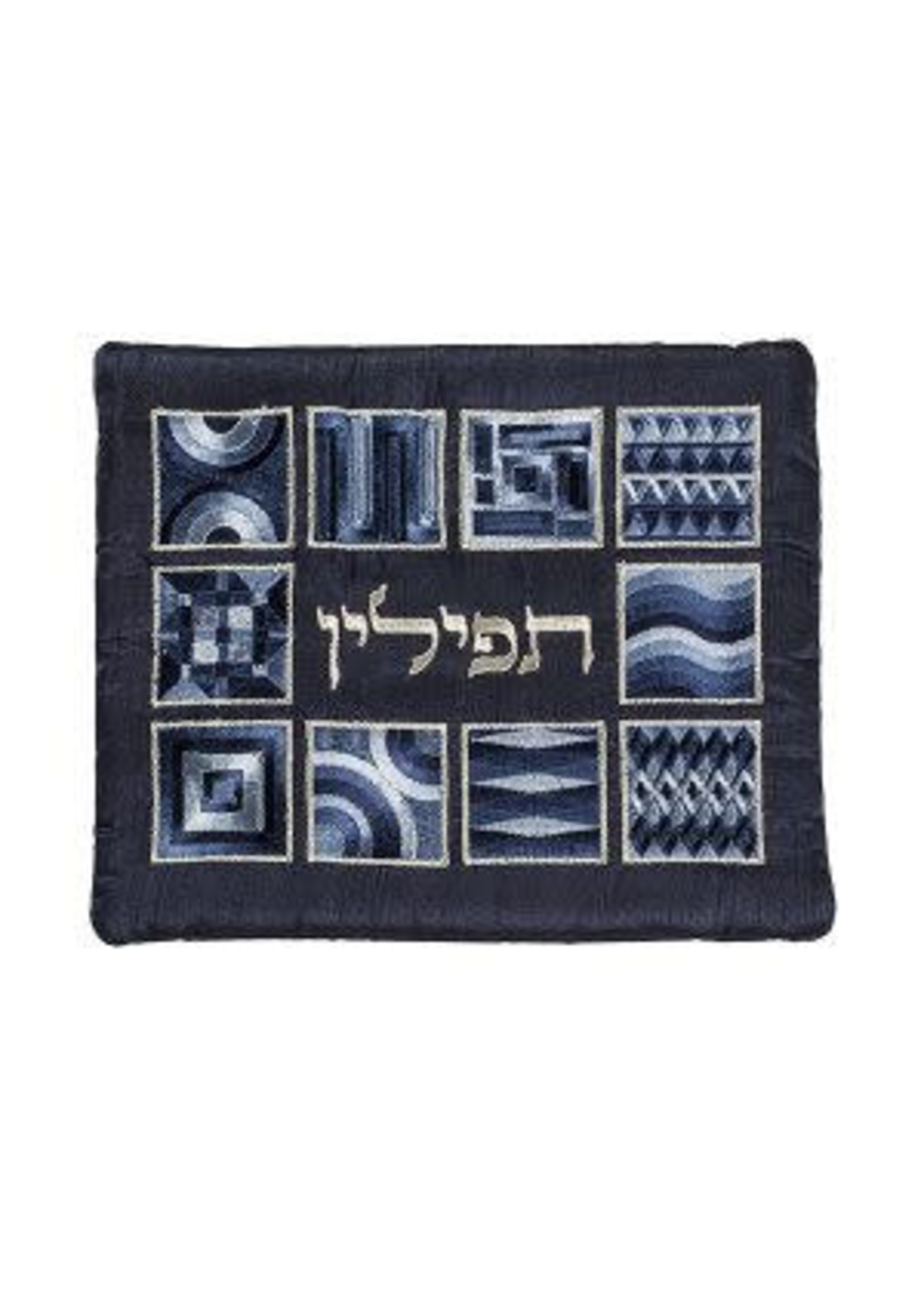 TEFILLIN BAG EMBROIDERED GEOMETRIC BLUES