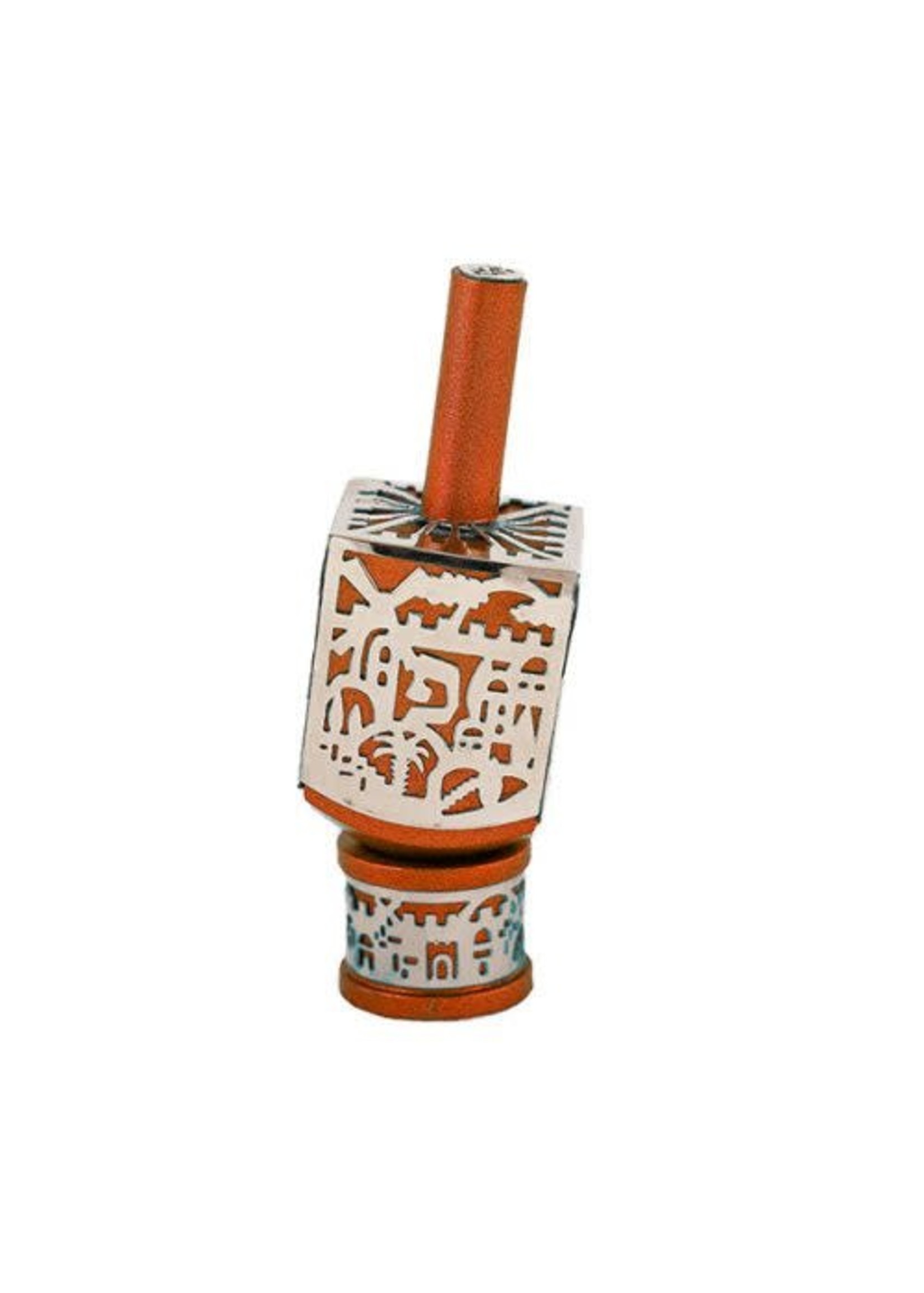 DREIDEL ANODIZED ORANGE LASER CUT JERUSALEM
