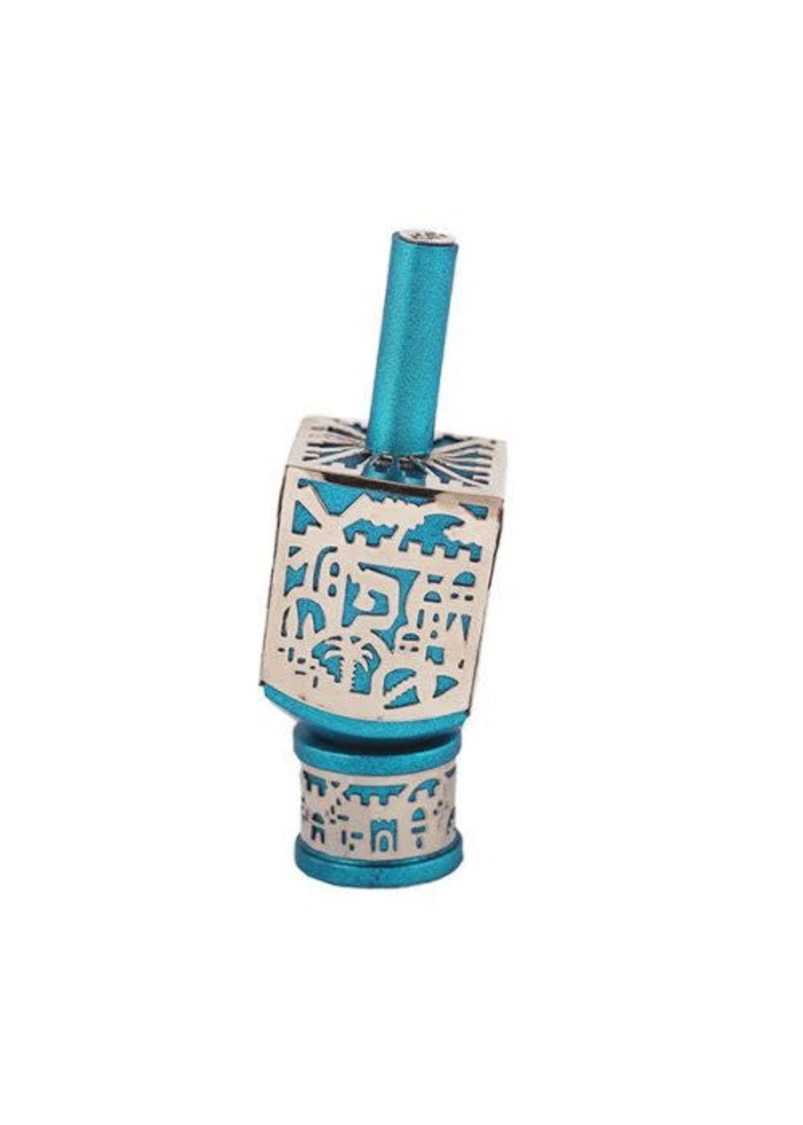 DREIDEL ANODIZED TURQUOISE LASER CUT JERUSALEM
