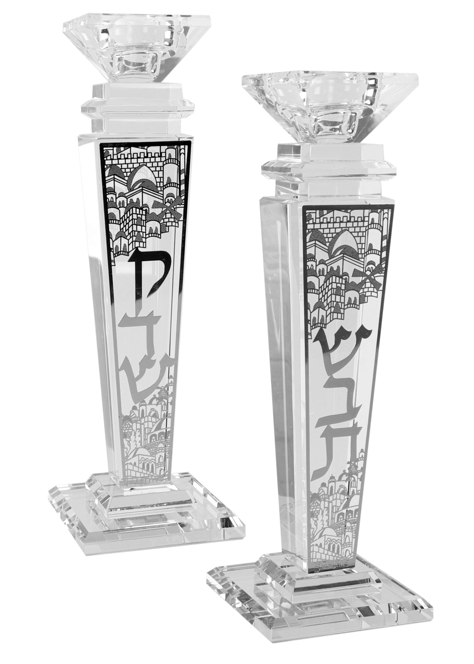 CANDLESTICKS CRYSTAL WITH SILVER JERUSALEM DETAILING0- 9.5H X 1.5W