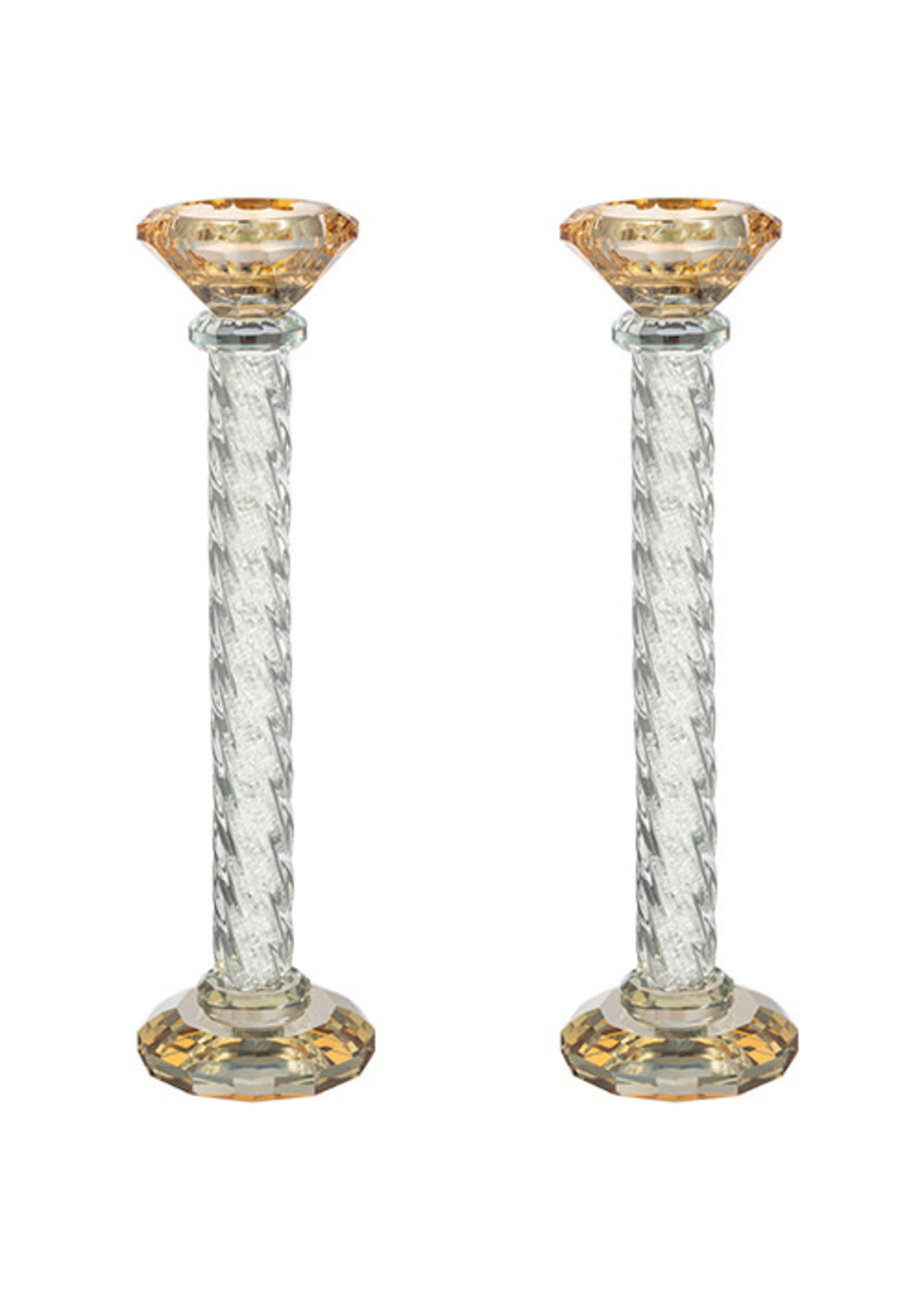 CRYSTAL CANDLESTICKS  GOLD COLOR TOP WITH CLEAR CHIPS- 25.5CM