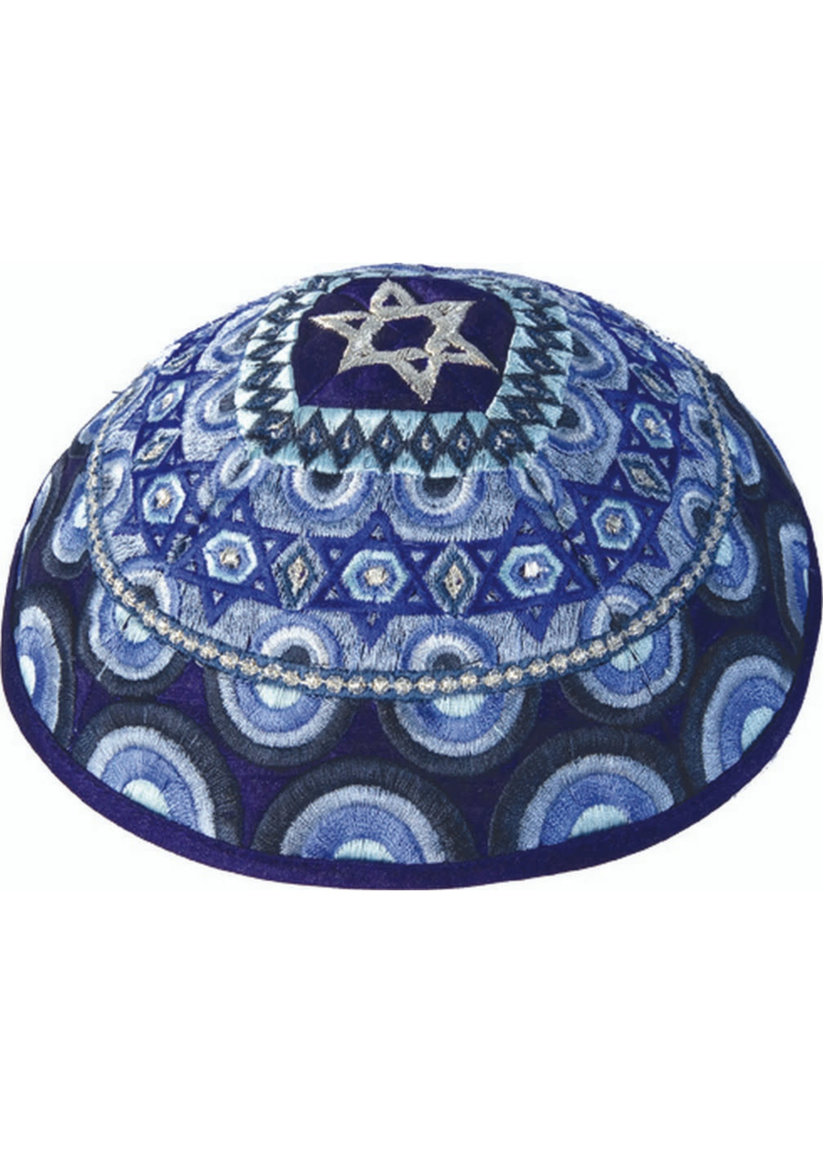 KIPPAH BLUE MAGEN DAVID & CIRCLES EMBROIDERY