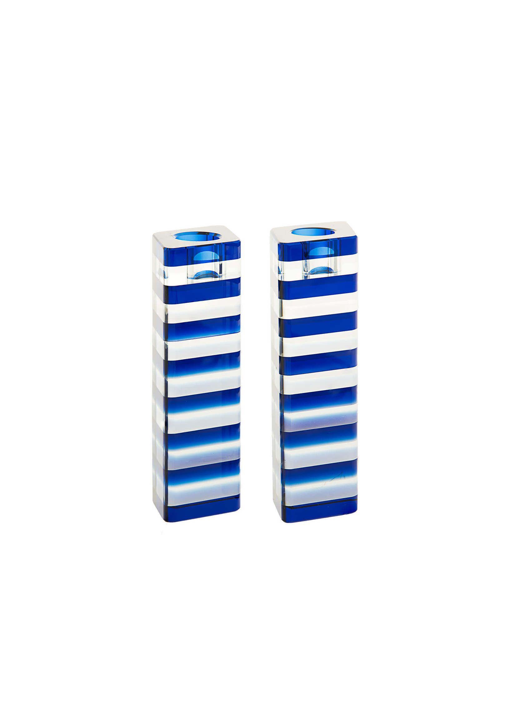 CANDLESTICKS CRYSTAL CLEAR AND BLUE STRIPES-14.5CM