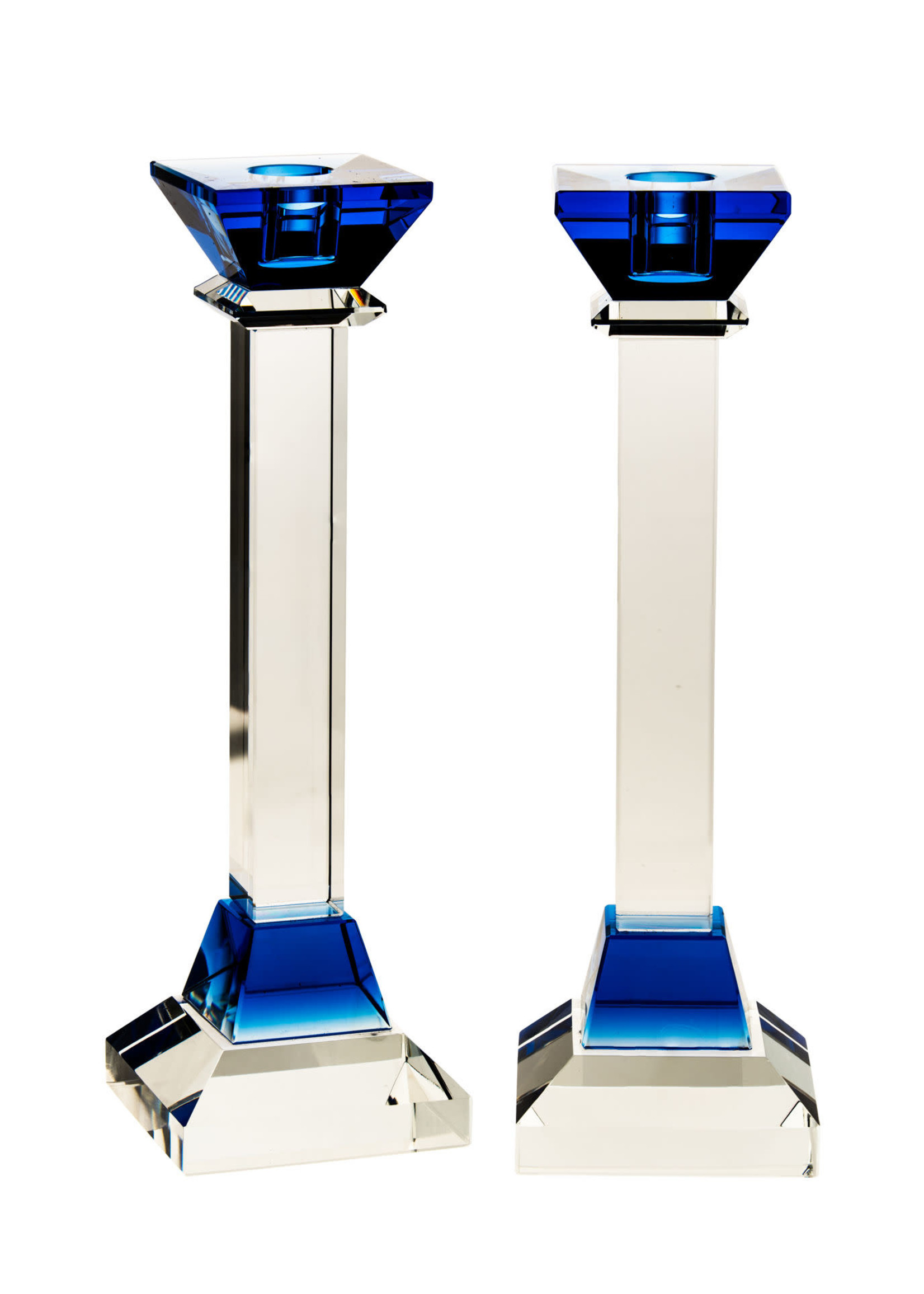 CANDLESTICKS CUBED CLEAR CRYSTAL WITH BLUEACCENTS  10"