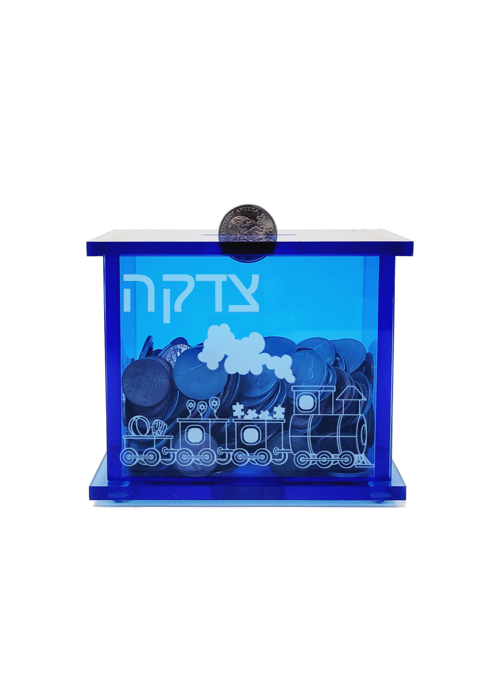 CHARITY BOX BLUE ACRYLIC TRAIN "TZEDAKAH"