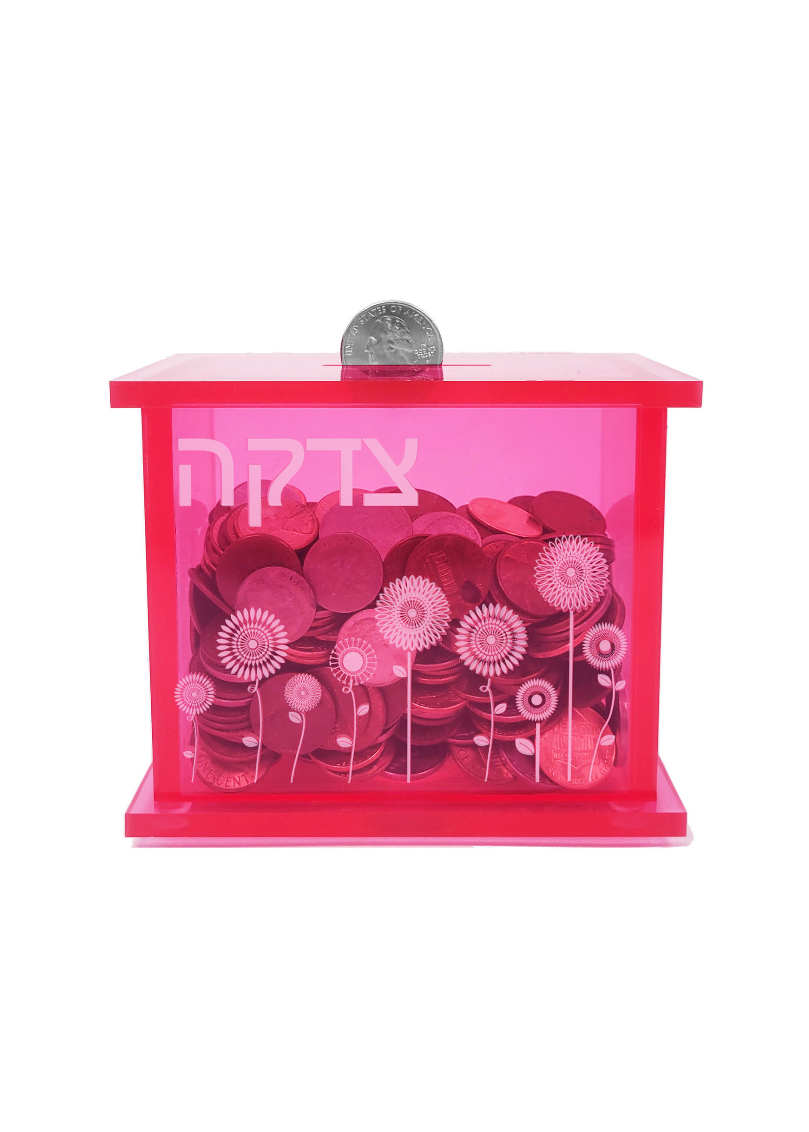 CHARITY BOX PINK ACRYLIC FLOWERS "TZEDAKAH"