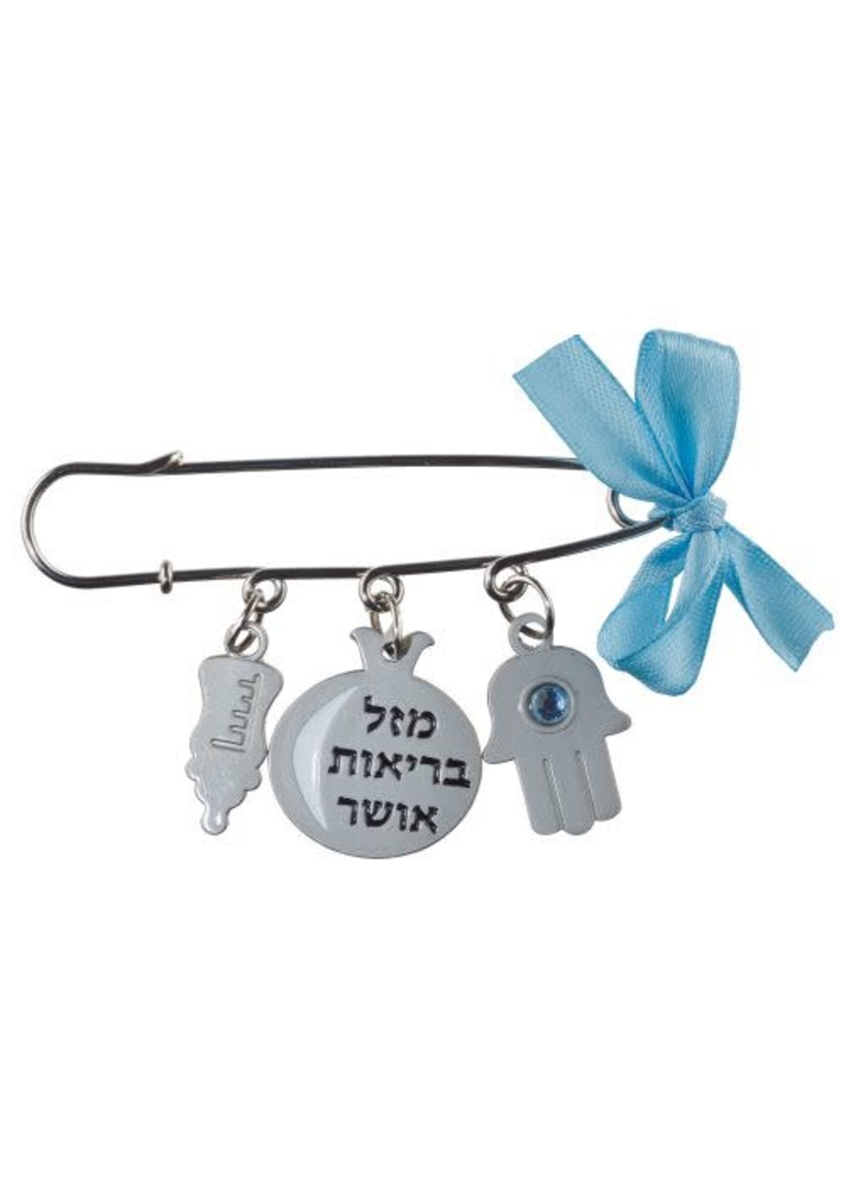 BABY PIN BLUE BOW WITH HAMSA & CHARMS