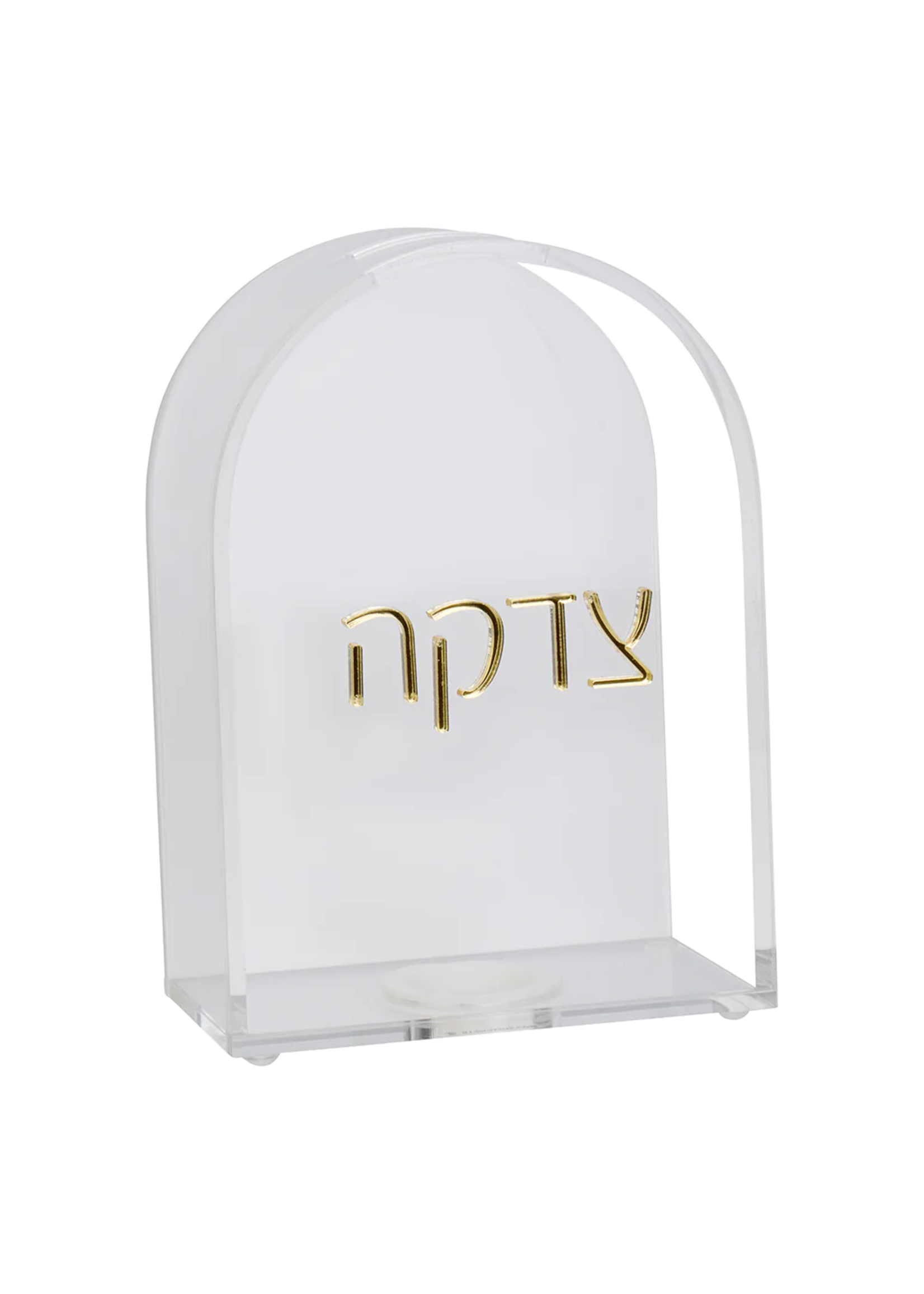 TZEDAKA BOX LUCITE WITH GOLD TEXT