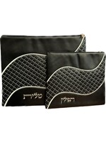 TALLIT BAG SET BLACK FAUX LEATHER WITH SILVER KOTEL EMBRIODERY