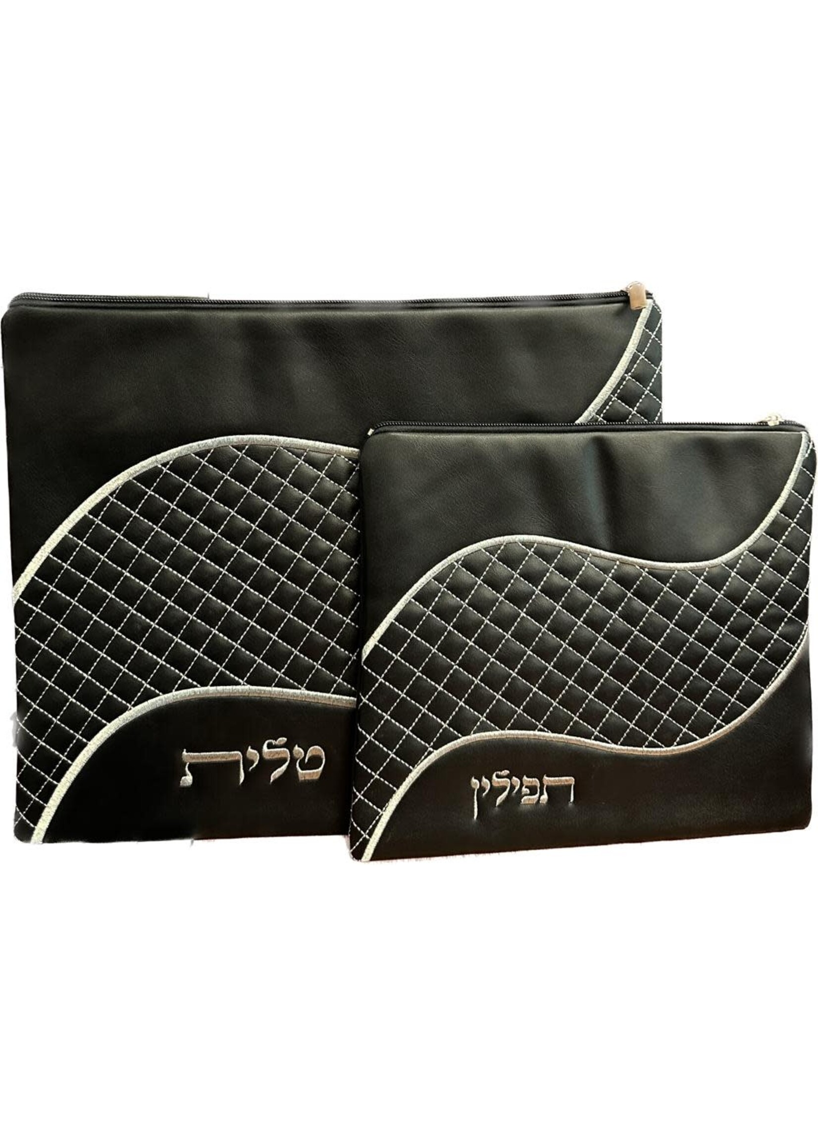 TALLIT BAG SET BLACK FAUX LEATHER WITH SILVER KOTEL EMBRIODERY