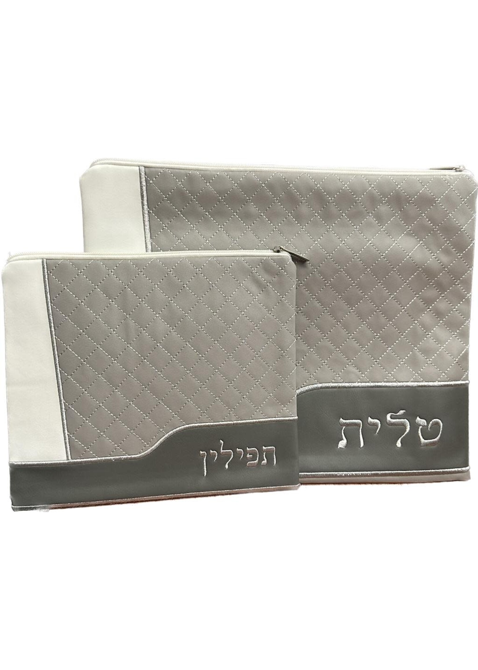 TALLIT BAG SET FAUX LEATHER GRAY  WITH DARK GREY AND CREME DETAIL
