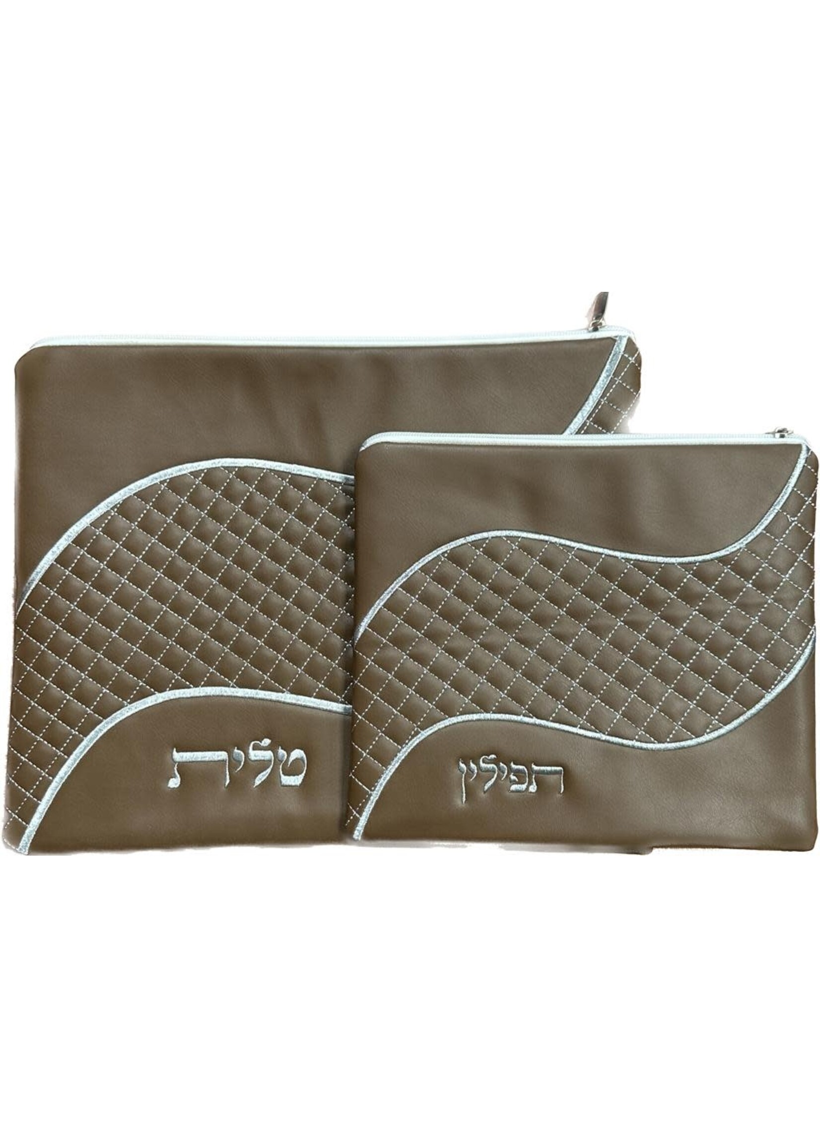 TALLIT BAG SET FAUX LEATHER CARAMEL WITH SILVER KOTEL EMBRIODERY