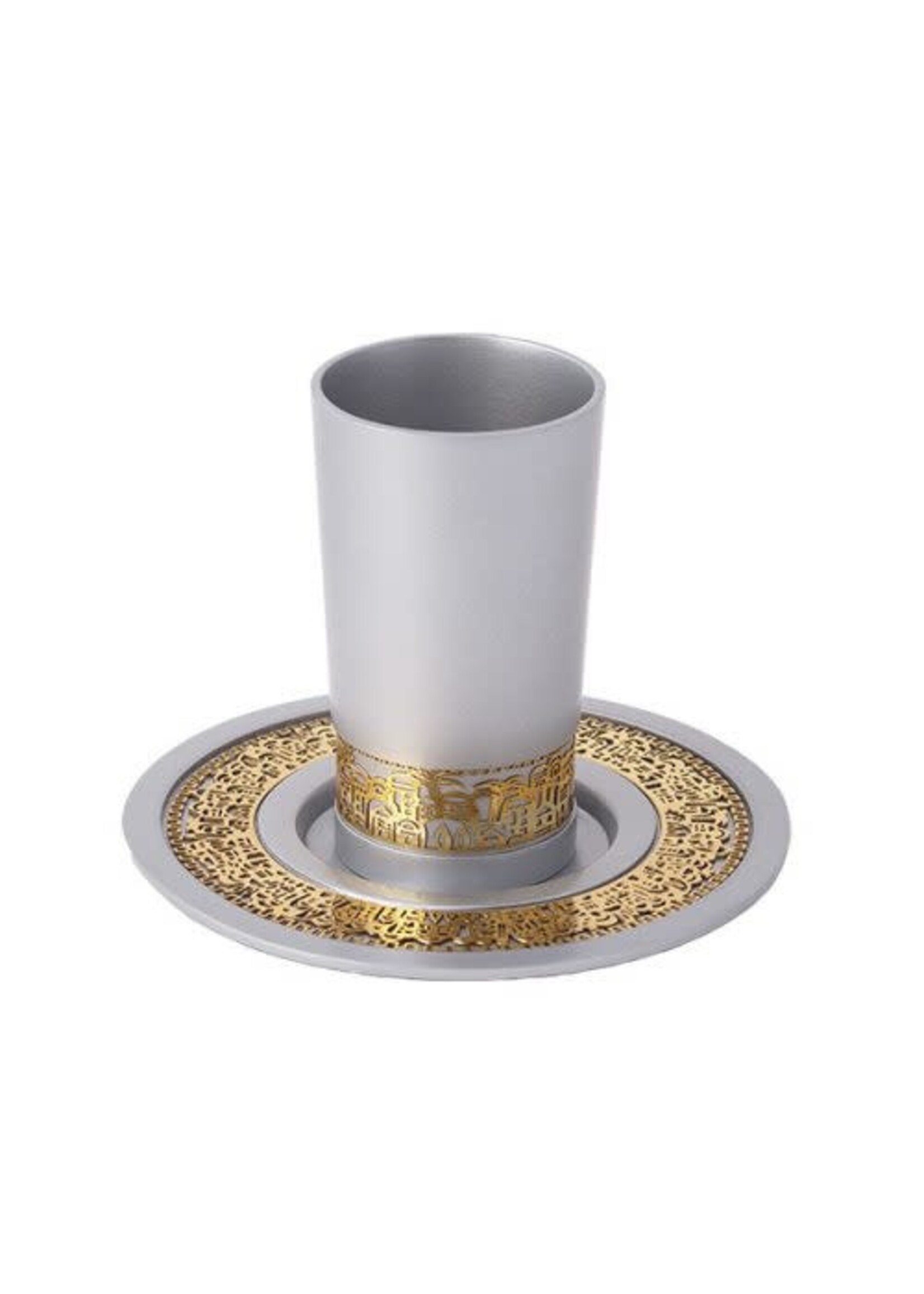 KIDDUSH CUP SILVER  ANODIZED ALUMINUM & GOLD JERUSALEM INLAY