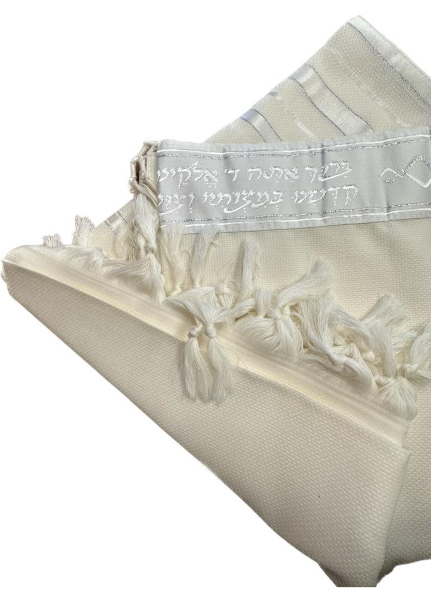 TALIS WOOL NON-SLIP 55 SEFARDI  AVODAS YAD WHITE & SILVER