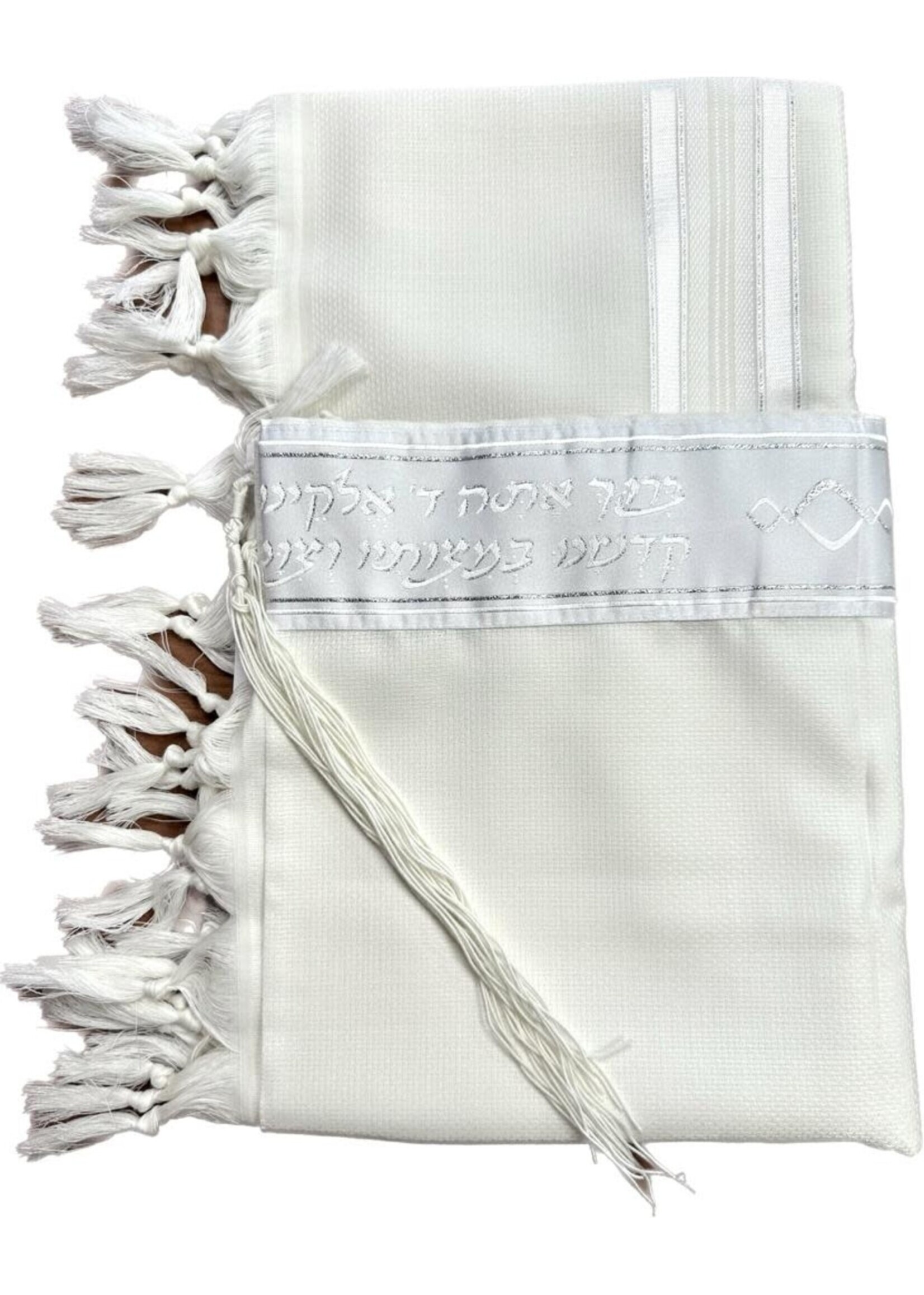 TALIS WOOL NON-SLIP 55 SEFARDI  AVODAS YAD WHITE & SILVER