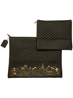 TALIT & TEFILLIN BAG SET  GOLD JERUSALEM EMBOSSED ON BLACK FAUX LEATHER