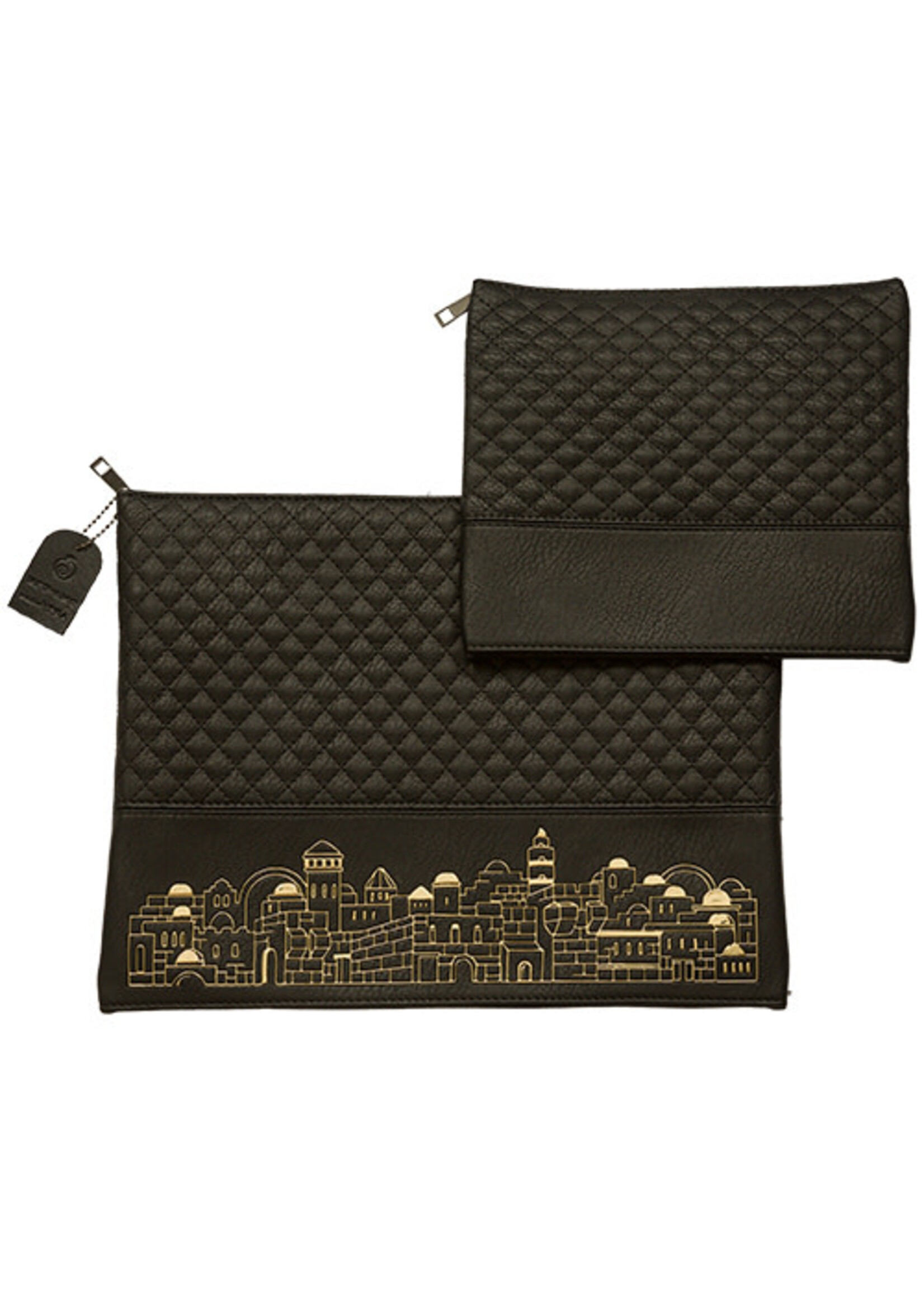 TALIT & TEFILLIN BAG SET  GOLD JERUSALEM EMBOSSED ON BLACK FAUX LEATHER