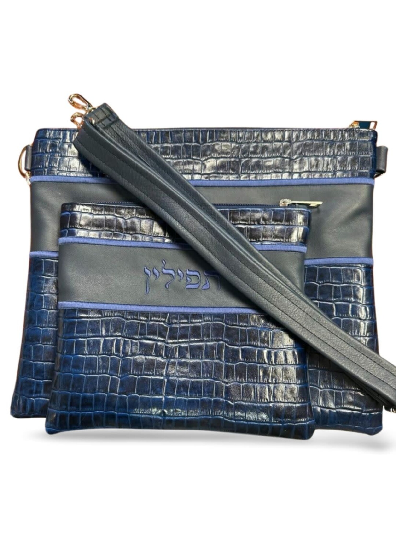 TALLIS & TEFILLIN BAG SET- GENUINE LEATHER-NAVY + CROC