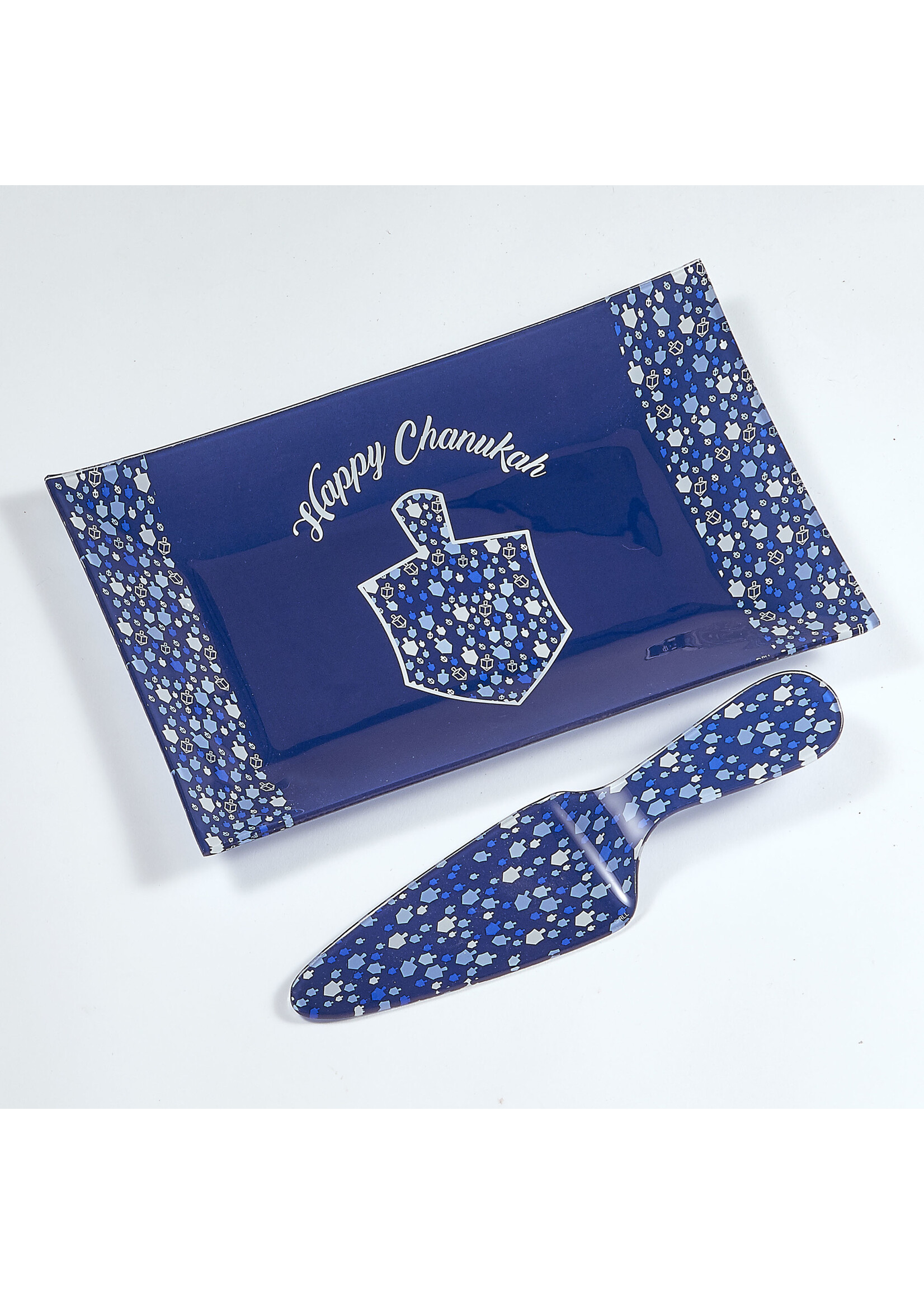 CHANUKAH GLASS SERVING SET BLUE DREIDEL MOSAIC