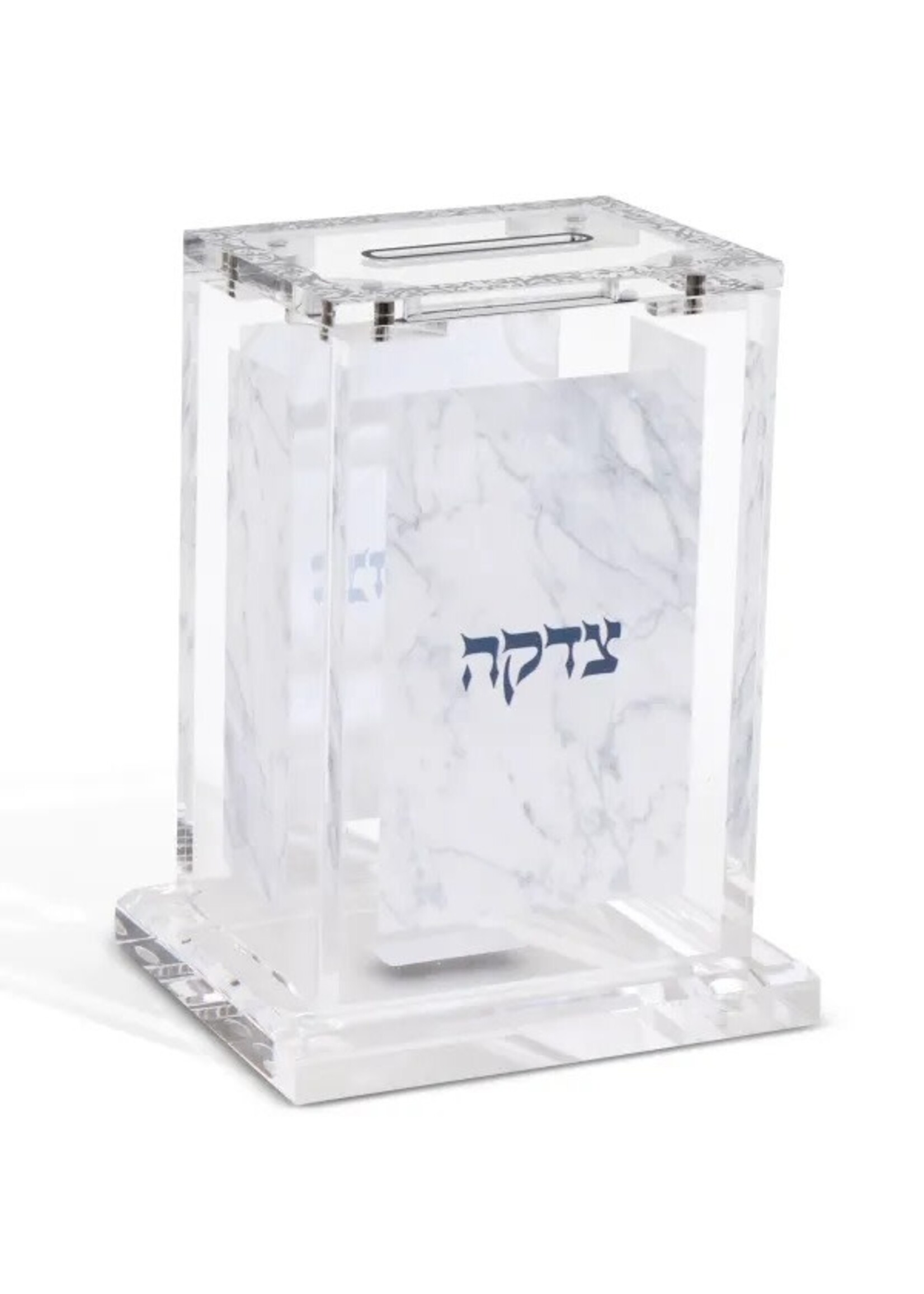 TZEDAKAH BOX WITH MARBLE AND BLUE LETTERING