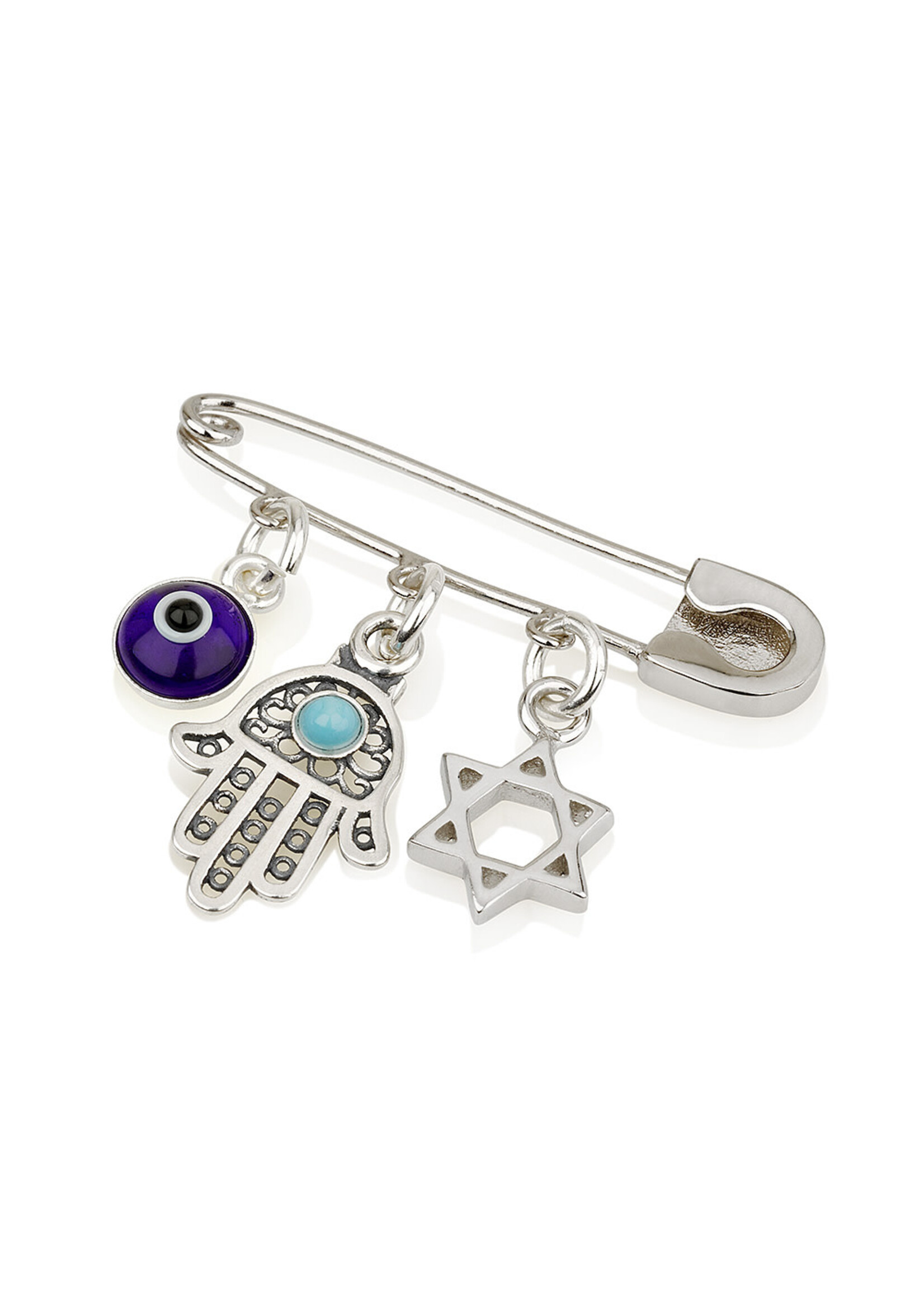 BABY PIN STERLING SILVER STAR HAMSA & EYE CHARMS