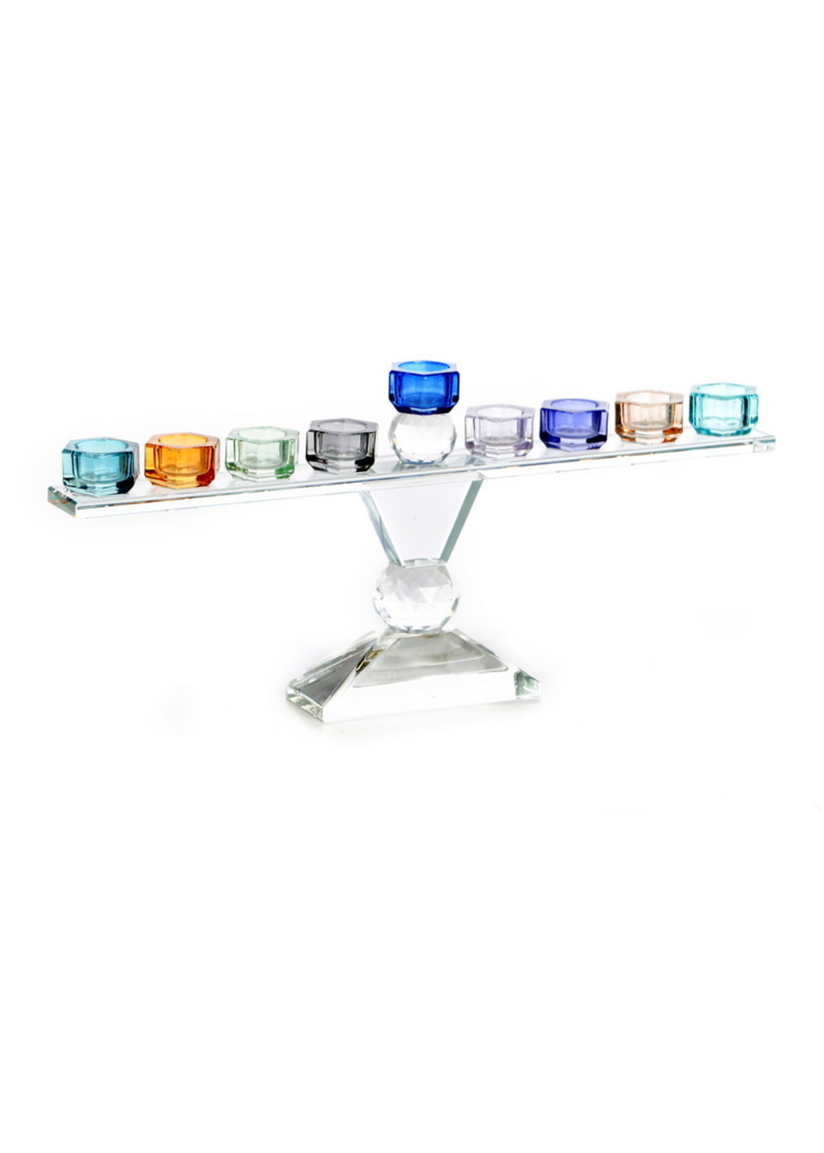 CRYSTAL COLORS MENORAH WITH CRYSTAL SPHERE  - 14 X 6.5 IN