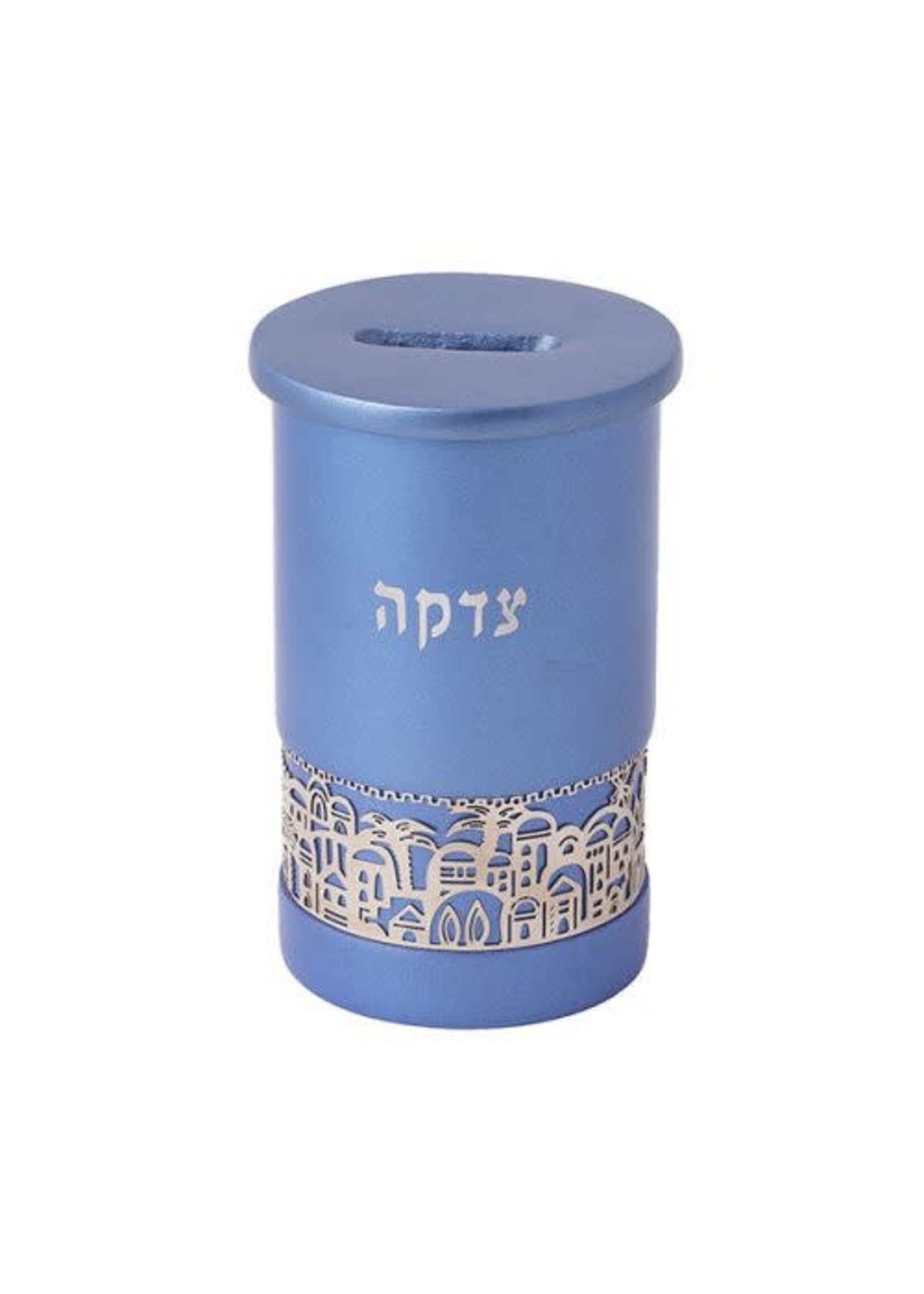 CHARITY BOX BLUE ALUMINUM LASER CUT JERUSLAEM INLAY