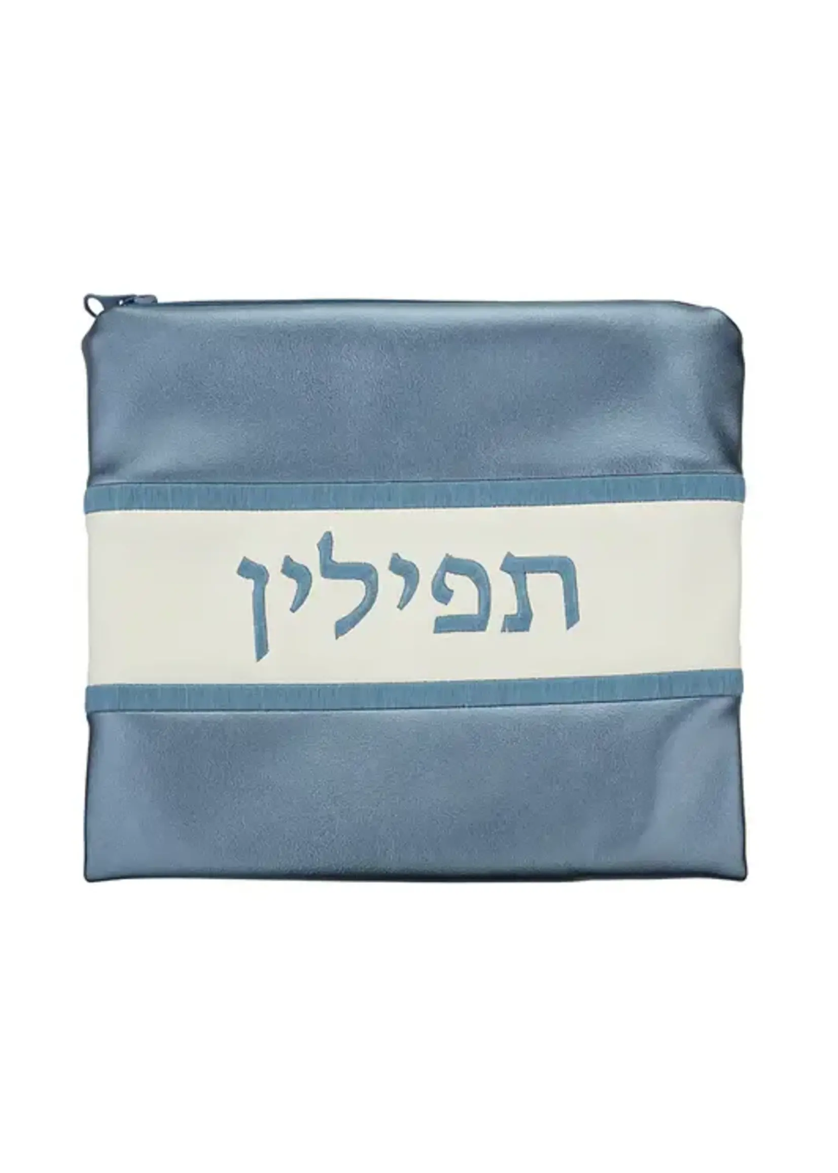 TEFILIN BAG FAUX LEATHER SHINY BLUE& WHITE  8X 9"
