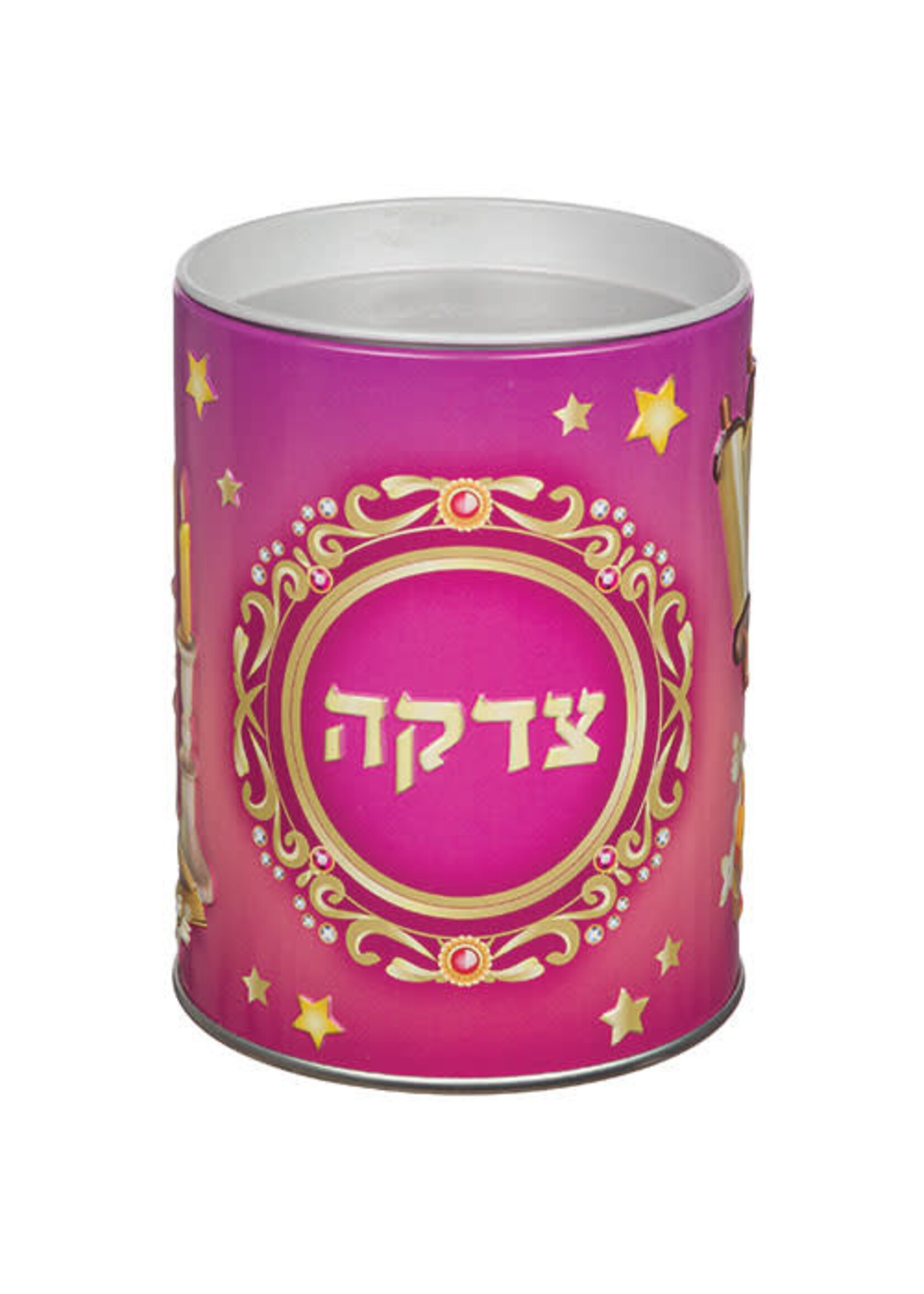TZEDAKAH BOX TIN PINK WITH GOLD STARS