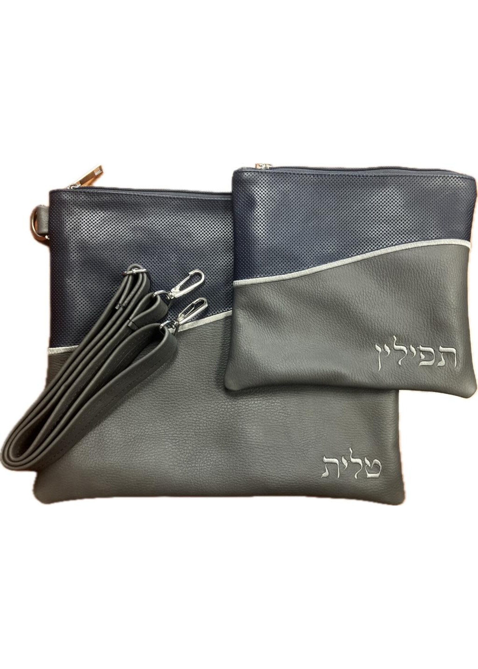 TALLIS AND TEFILLIN BAG SET- GENUINE LEATHER-NAVY AND GREY