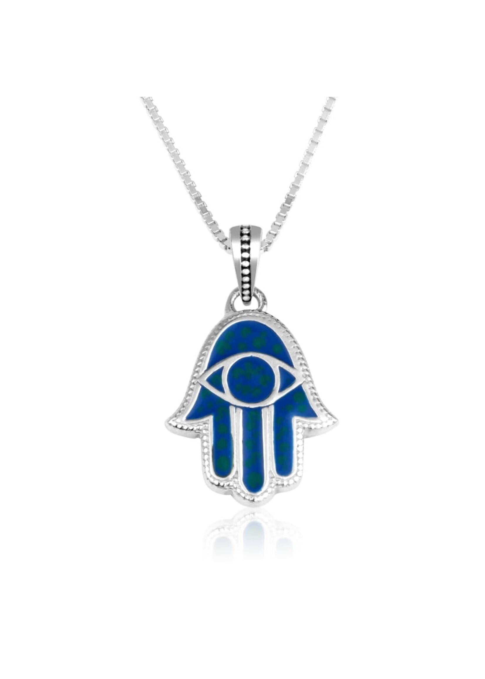 NECKLACE STERLING HAMSA BLUE/GREEN