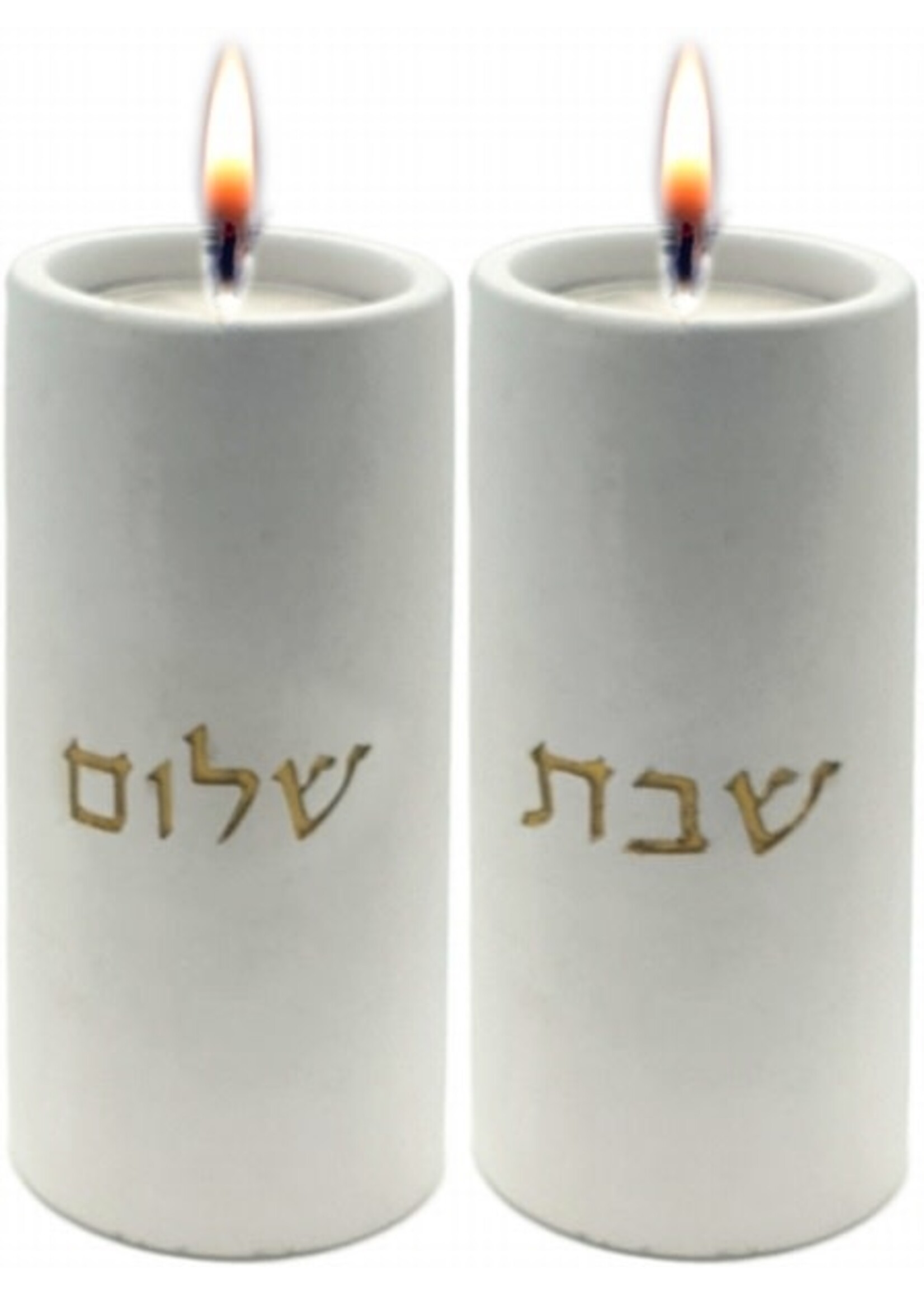 CANDLESTICKS  CEMENT WHITE WITH GOLD "SHABBAT SHALOM"