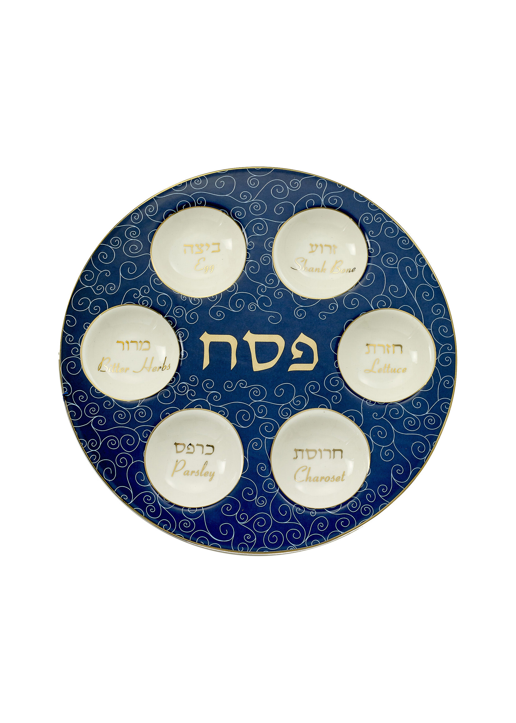 SEDER PLATE BLUE & WHITE GOLD "PESACH" CERAMIC