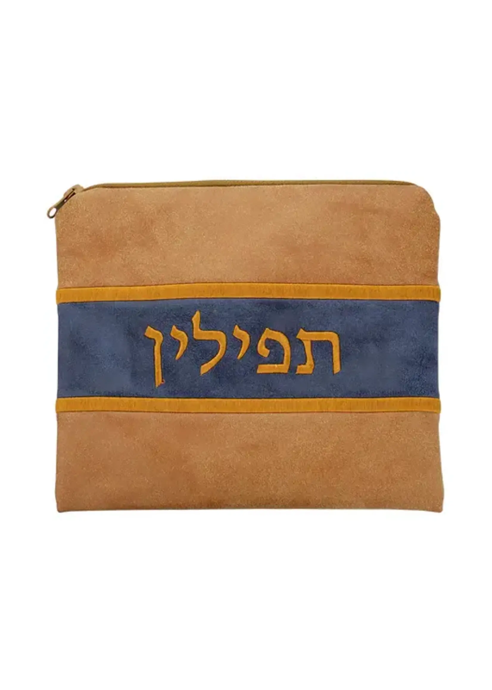 TEFILLIN BAG FAUX LEATHER CAMEL & BLUE  8''X9