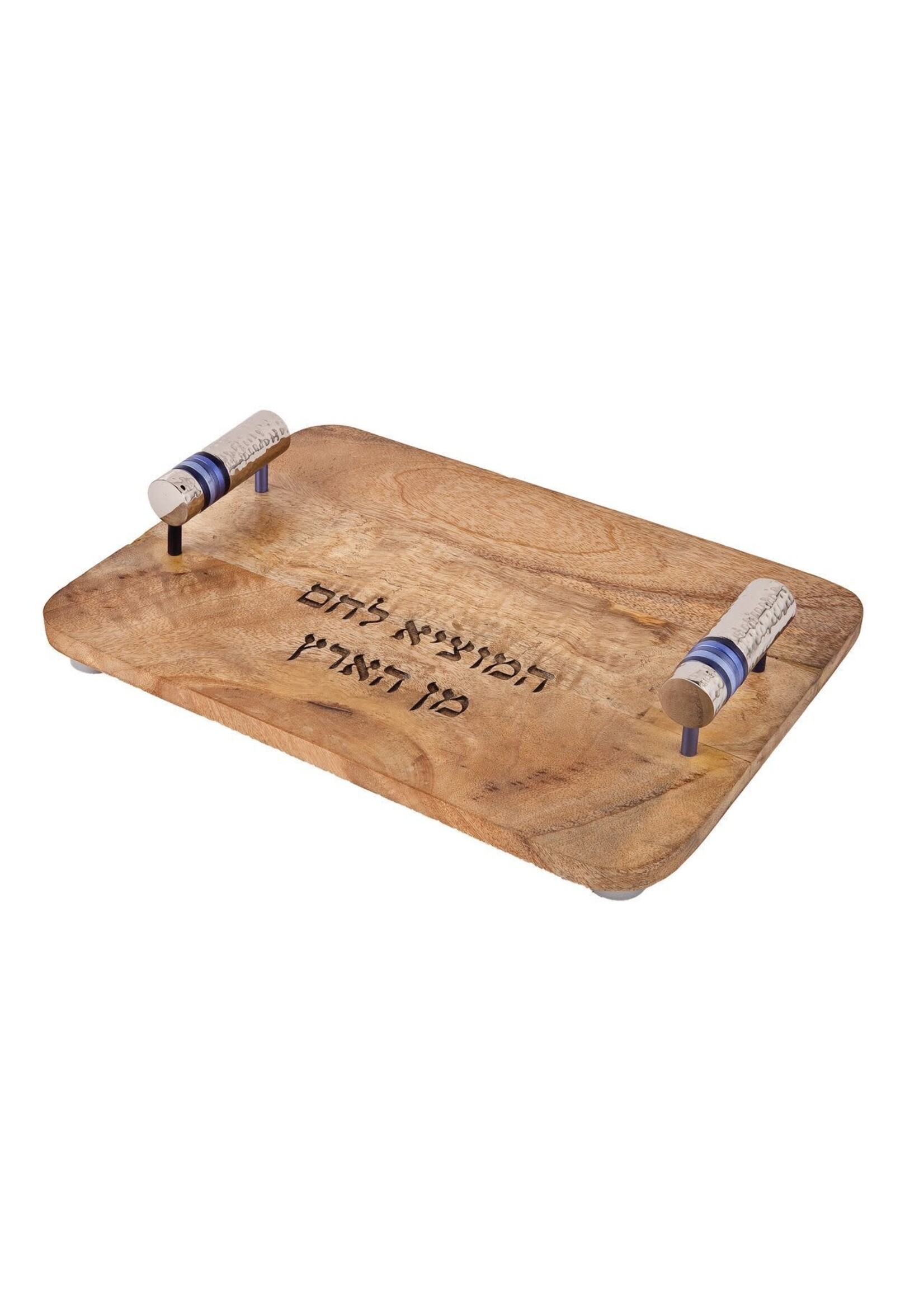 CHALLAH BOARD WOOD &  BLUE RINGS IN HAMMERED NICKLE HANDLES