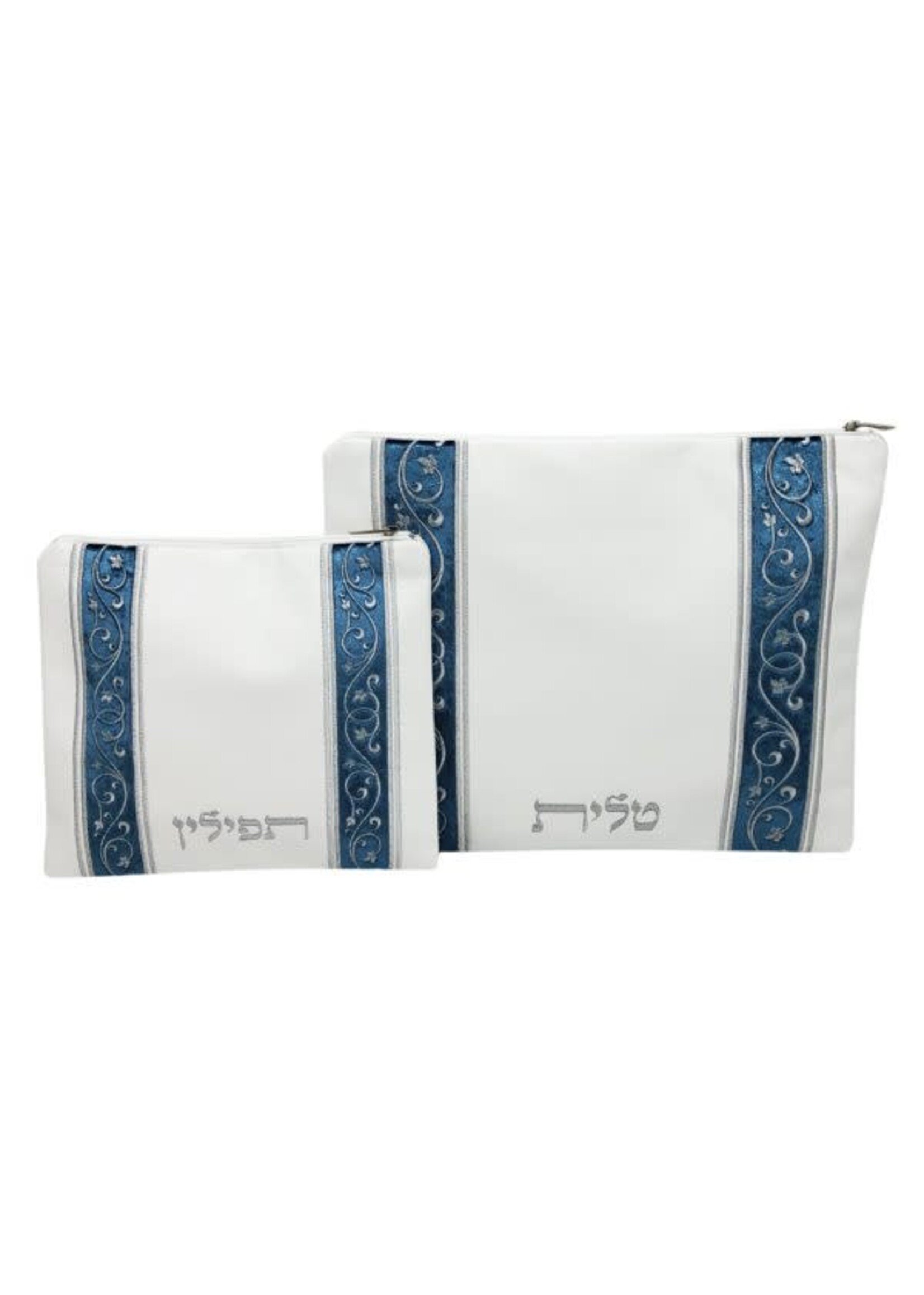 TALIT & TEFILLIN BAG SET SILVER VINES ON BLUE VELVET WHITE FAUX LEATHER