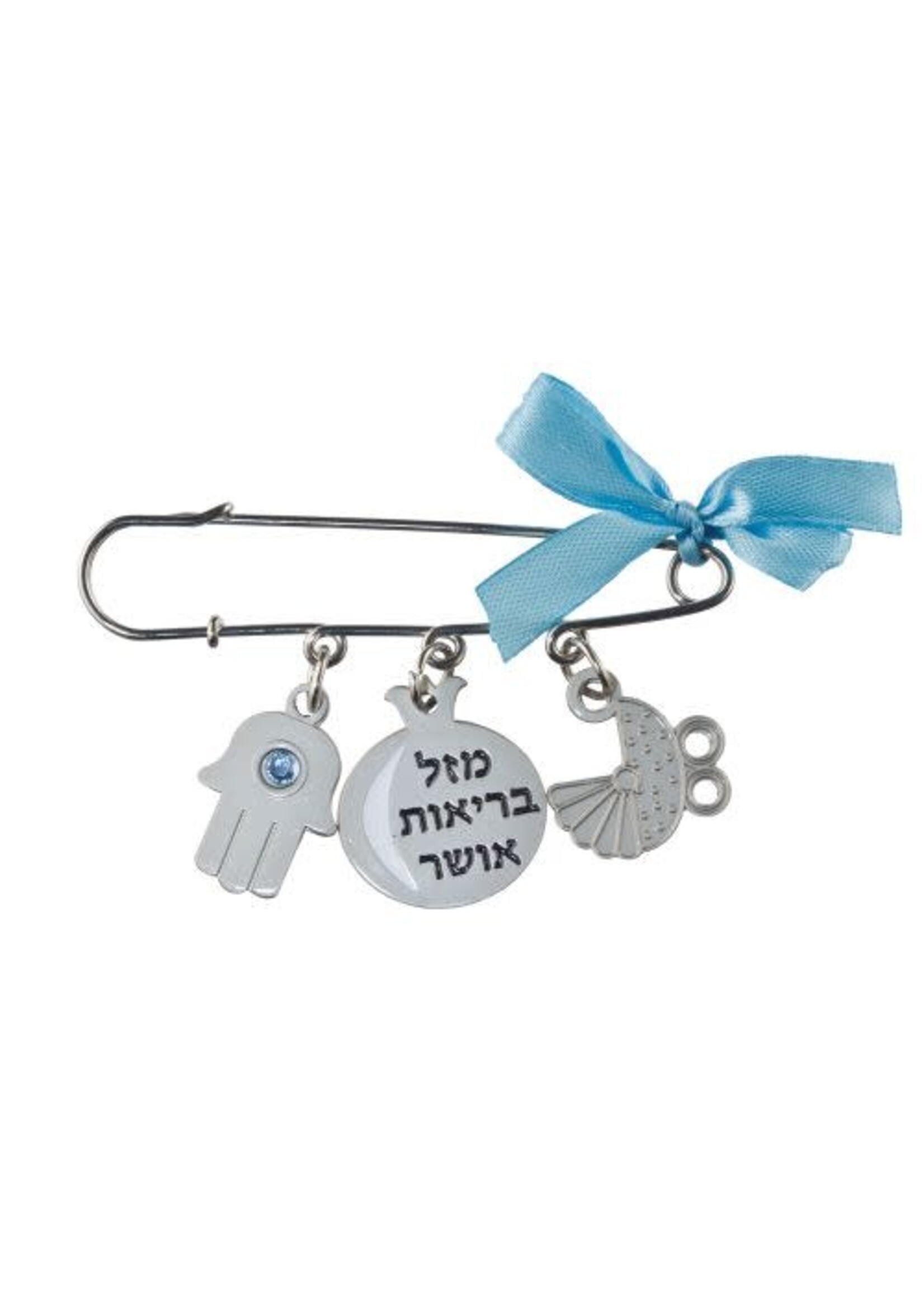 BABY PIN BLUE BOW WITH HAMSA & CHARMS
